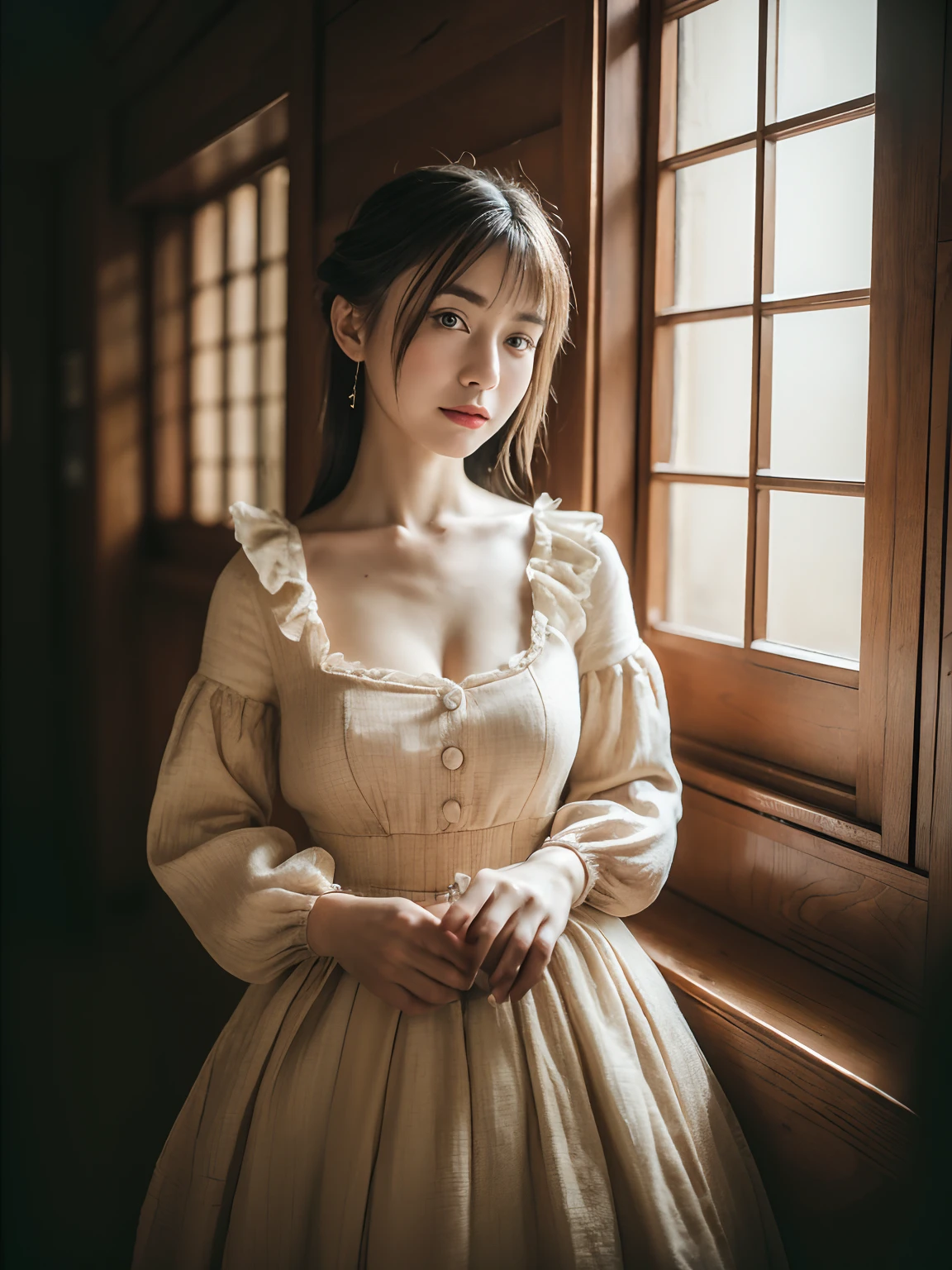 japanaese girl，Old European-style castle，standing on your feet，(Lolita costume,Large breasts， Horizontal viewing angle)), (full bodyesbian:1.5), fission, Brandon Flake, (8K, ........primitive, professional, best qualtiy, tmasterpiece: 1,2), (hentail realism, fotorealistisch: 1,37), Ultradetailliert, (35mm portrait wide angle), (Skin with the highest level of detail: 1,2), (The highest level of detail in the dial:1.2), cinmatic lighting, (ventania), natta, warm white light, looks into camera, Naughty Poses