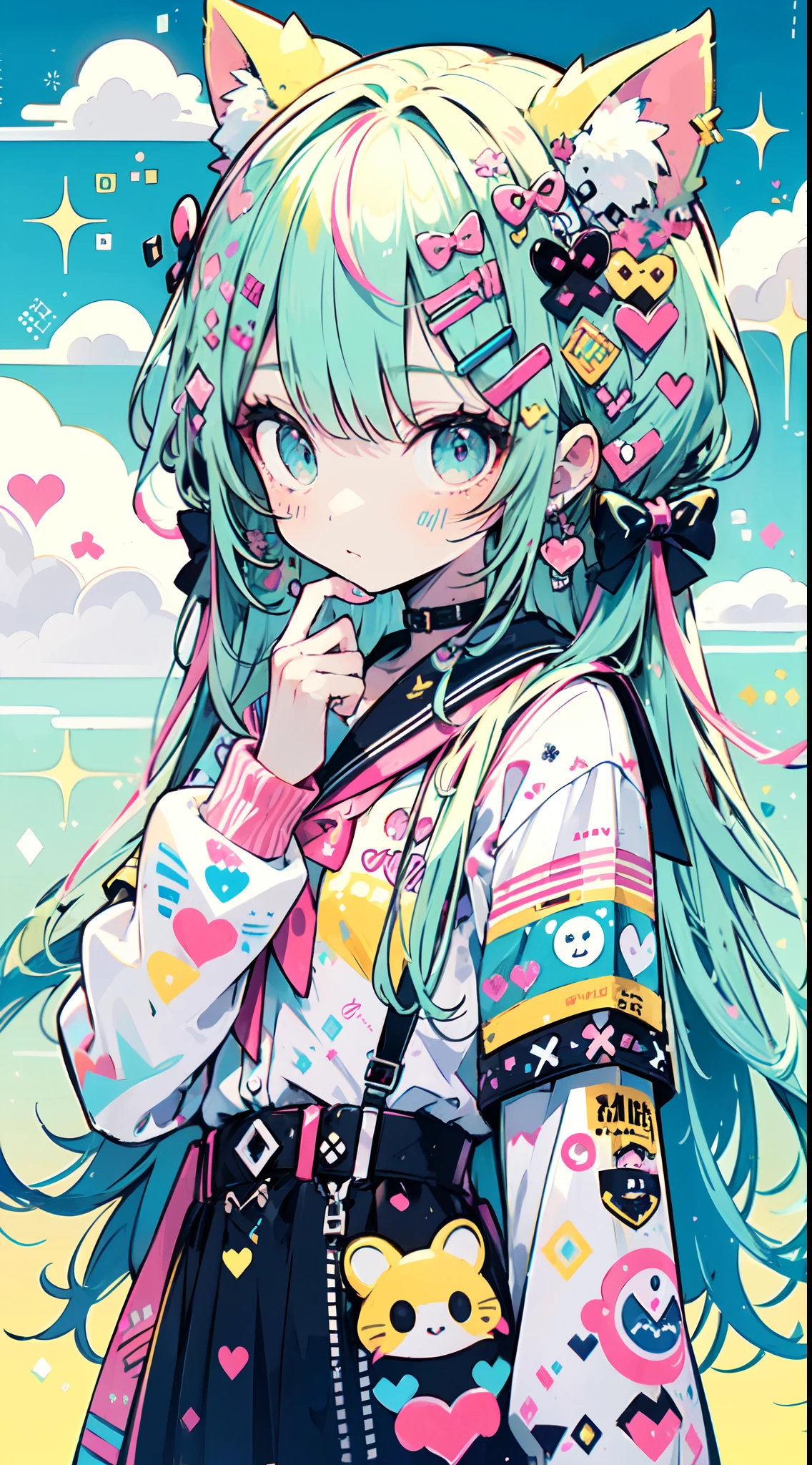 "kawaii, Cute, Adorable girl in pink, yellow, and baby blue color scheme. She wears sky-themed clothing with clouds and sky motifs. Her outfit is fluffy and soft, With decora accessories like hair clips. She embodies a vibrant and trendy Harajuku fashion style."