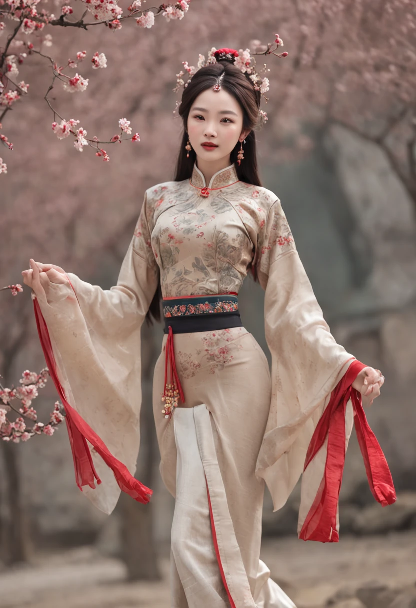(wide angles,Ultra HD details,Masterpiece, hyper HD, Super detail, High details, Best quality, A high resolution, A high resolution, Award-Awarded, Award-Awarded, Anatomically correct, 8K,),(Chinese Song Dynasty beauty dancing in pants),(anatomy correct,The hands and face are very delicate and clear),(Stand in the middle of a quaint courtyard,Plum tree,Chinese elements,Winter clothing,Plum blossoms fall snowflakes:1.5,),(Morandi colors,Chinese premium color scheme,电影灯光)