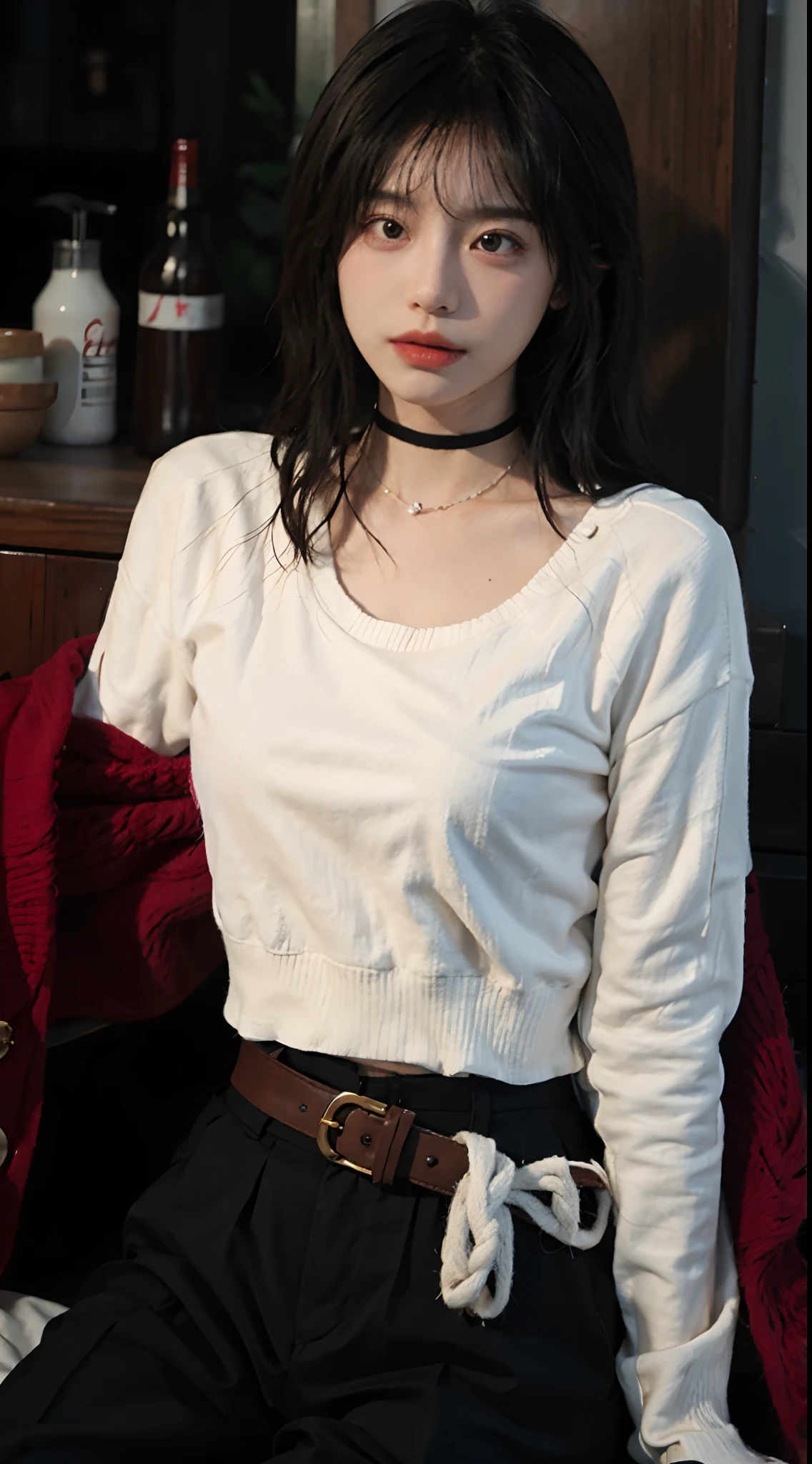 best qualtiy， 超高分辨率， （realisticlying：1.4），Baoyu Girl，1girll, with long coiled hair，Looking into the distance，nedium breasts：1.4，Cropped red sweater，a sense of atmosphere，Beautiful woman with a slim figure:1.4, Abs:1.4,,Ultra-fine face，Elaborate Eyes，二重まぶた，choker necklace