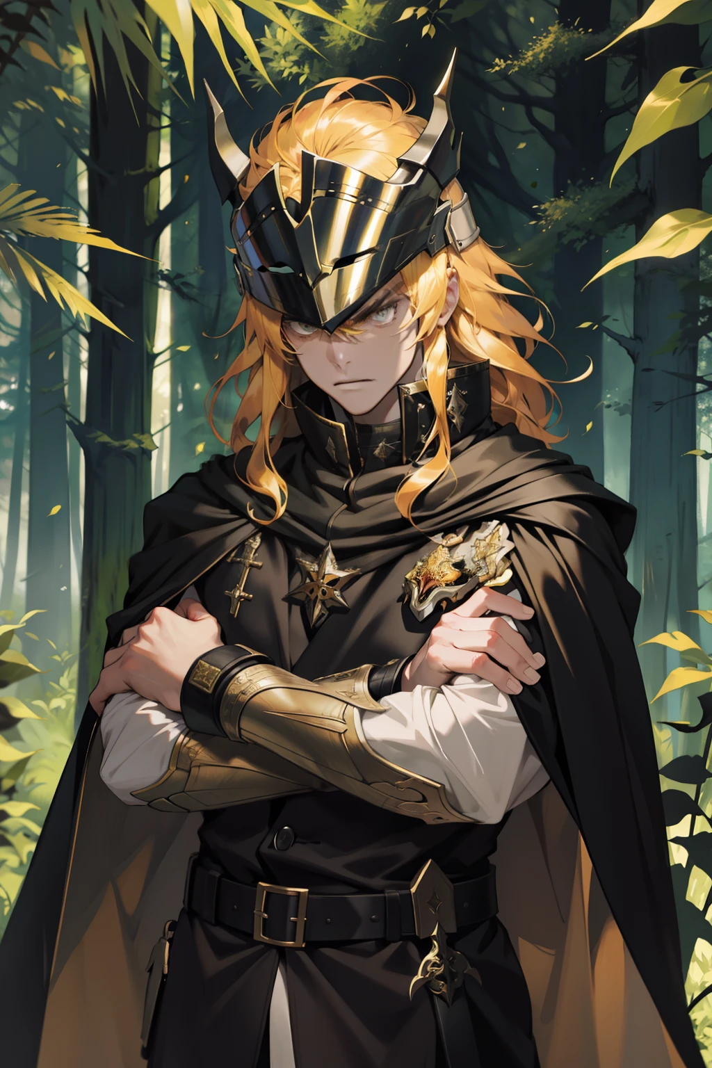 tmasterpiece，The best quality，(Angry knights in the forest)，arms folded，wearing her helmet，(Golden hair)，a black cloak