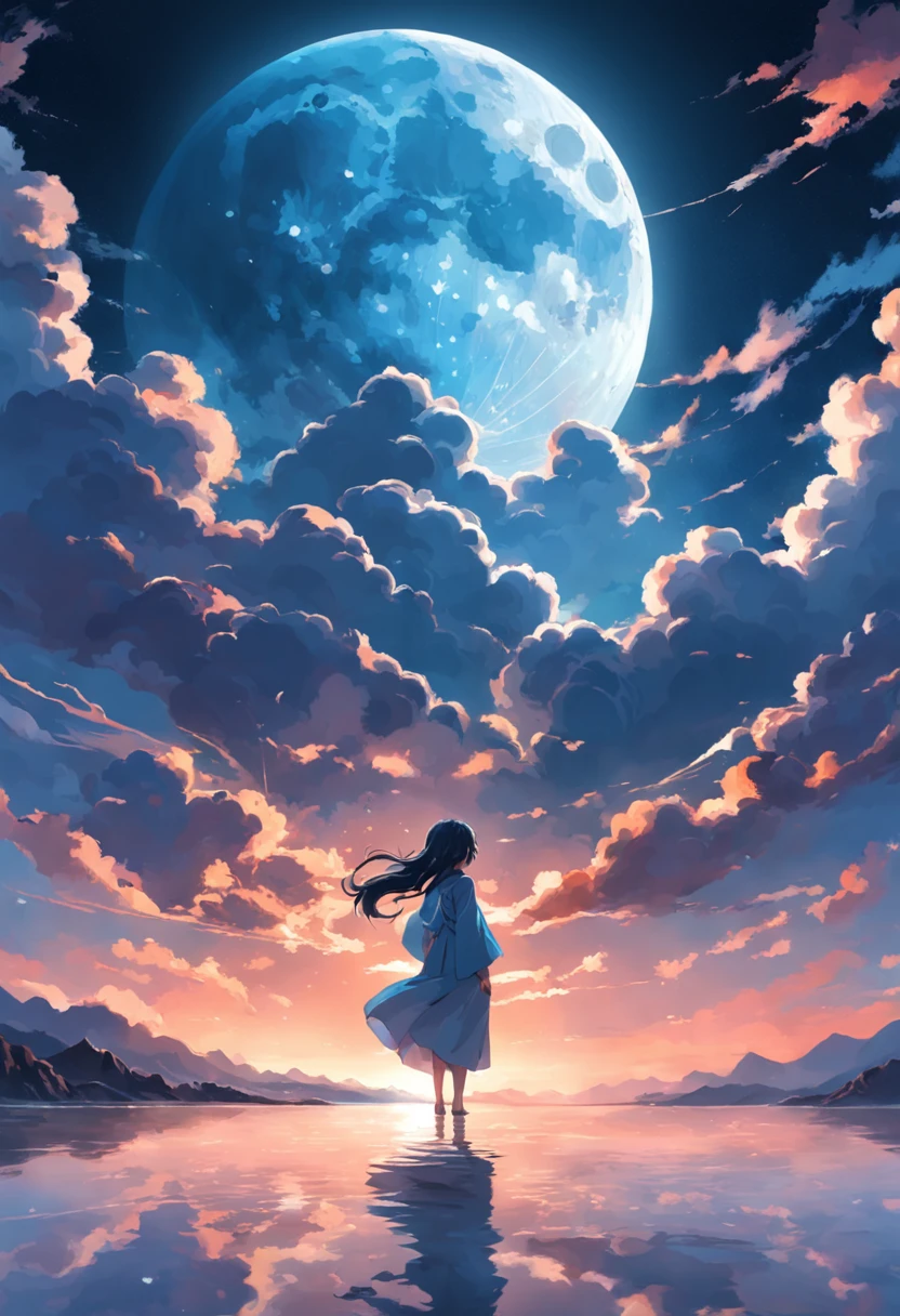 the moon reflects in the water，Colorful clouds，natta，The woman looked at the back of the moon，The wind blows the clothes