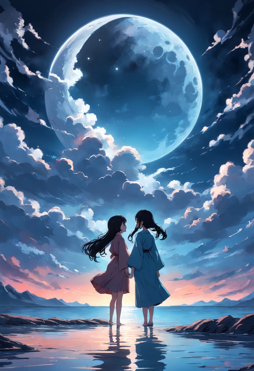 the moon reflects in the water,Colorful clouds,natta,The woman looked at the back of the moon,The wind blows the clothes
