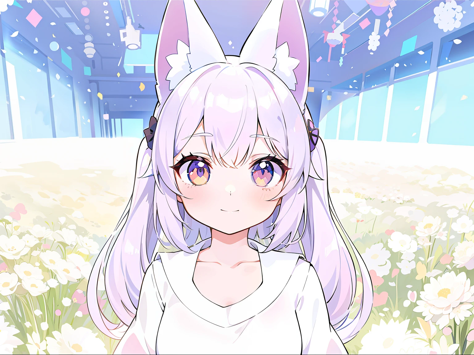 Anime girl with long hair and white shirt standing in a flower field, anime girl with cat ears, cute anime catgirl, Girl with cat ears, anime catgirl, beautiful anime catgirl, Anime moe art style, White Cat Girl, Girl with fox ears, White fox ears, Holo is a wolf girl, nekomimi, Fox ears