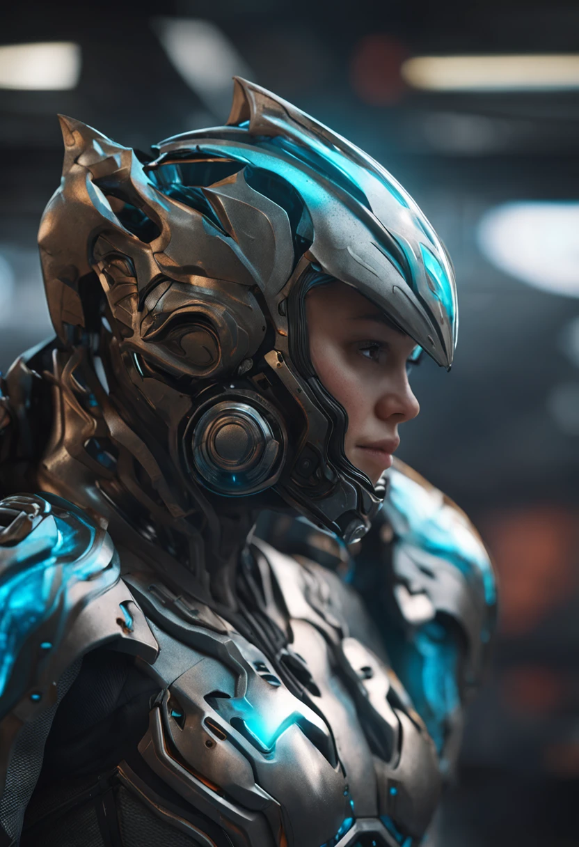 solo, super fine photo, full body realistic picture Unreal Engine 5 8K UHD, female, white and dark grey color scheme armor, details, cyan tattoo details, see-through dress and pauldron, full face helmet, four blue energy tentacle, best quality, masterpiece, official art, unified 8k wallpaper, ultra detailed, sharp focus, dynamic pose, body parts, concept character design art.