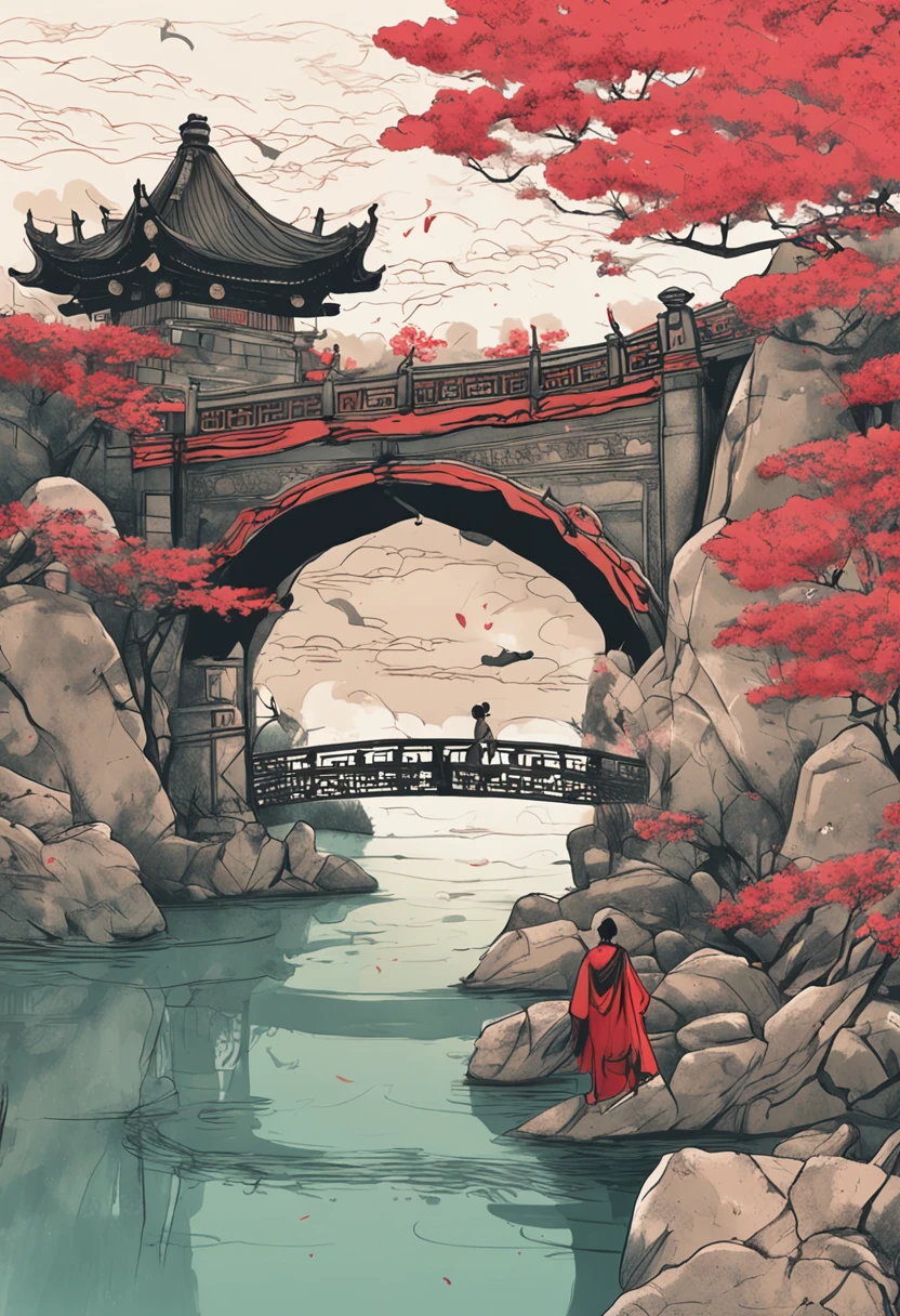 The sky is the background，The background color is less saturated，A man and a woman meet on a bridge，The painting style is more ancient Chinese，ink and watercolor painting，Vision