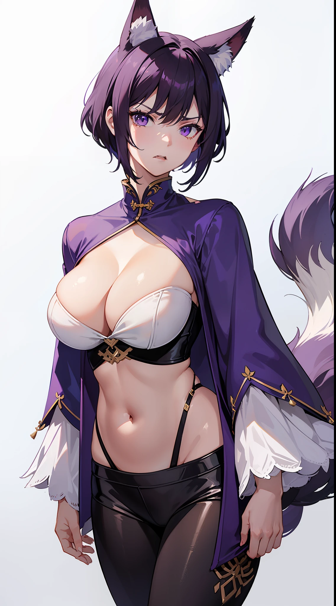Adult woman, short purple hair with white strands, Fox ears, violet eyes, Chinese Battle Dress, neckline on the chest, open belly, tight pants, Fox tails, angry, Masterpiece, hiquality