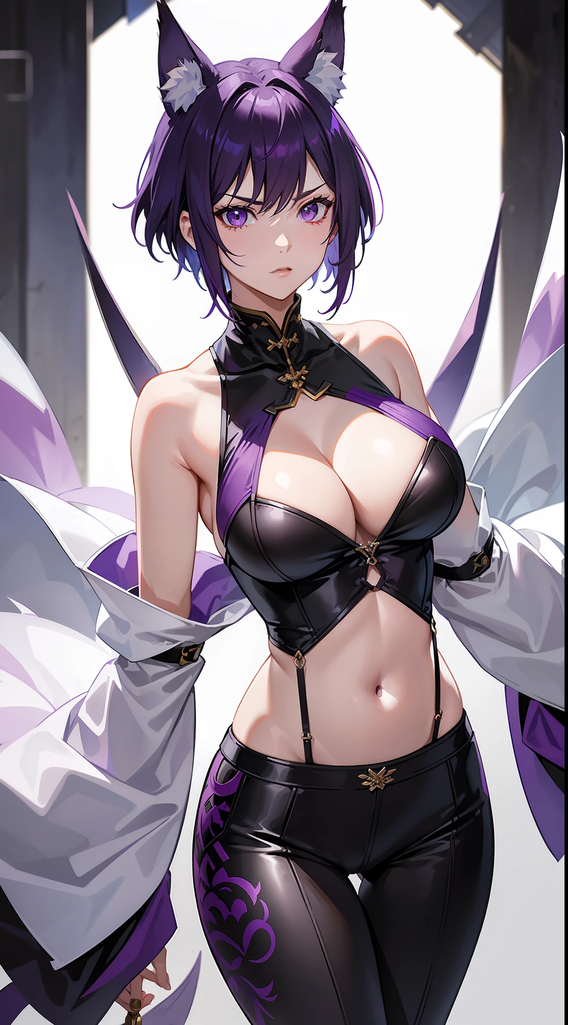 Adult woman, short purple hair with white strands, Fox ears, violet eyes, Chinese Battle Dress, neckline on the chest, open belly, tight pants, Fox tails, angry, Masterpiece, hiquality