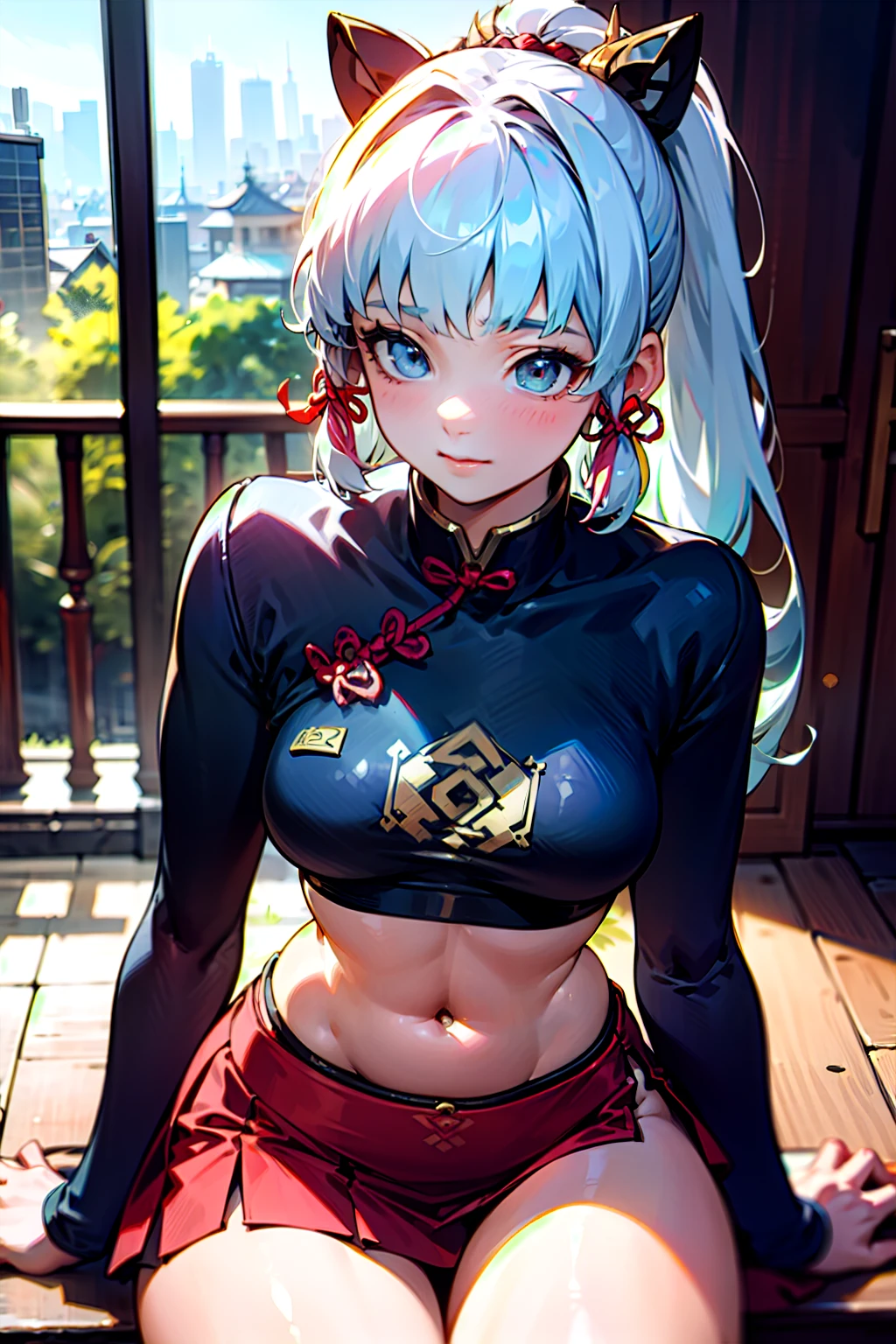 adult women, Gray hair in long braids, golden eyes, Athletic body, Chinese turquoise top, red shorts, general method, tattoo, giggle, masterpiece, high quality，beautiful breasts、huge breasts:1.4beautiful breasts、huge breasts:1.4