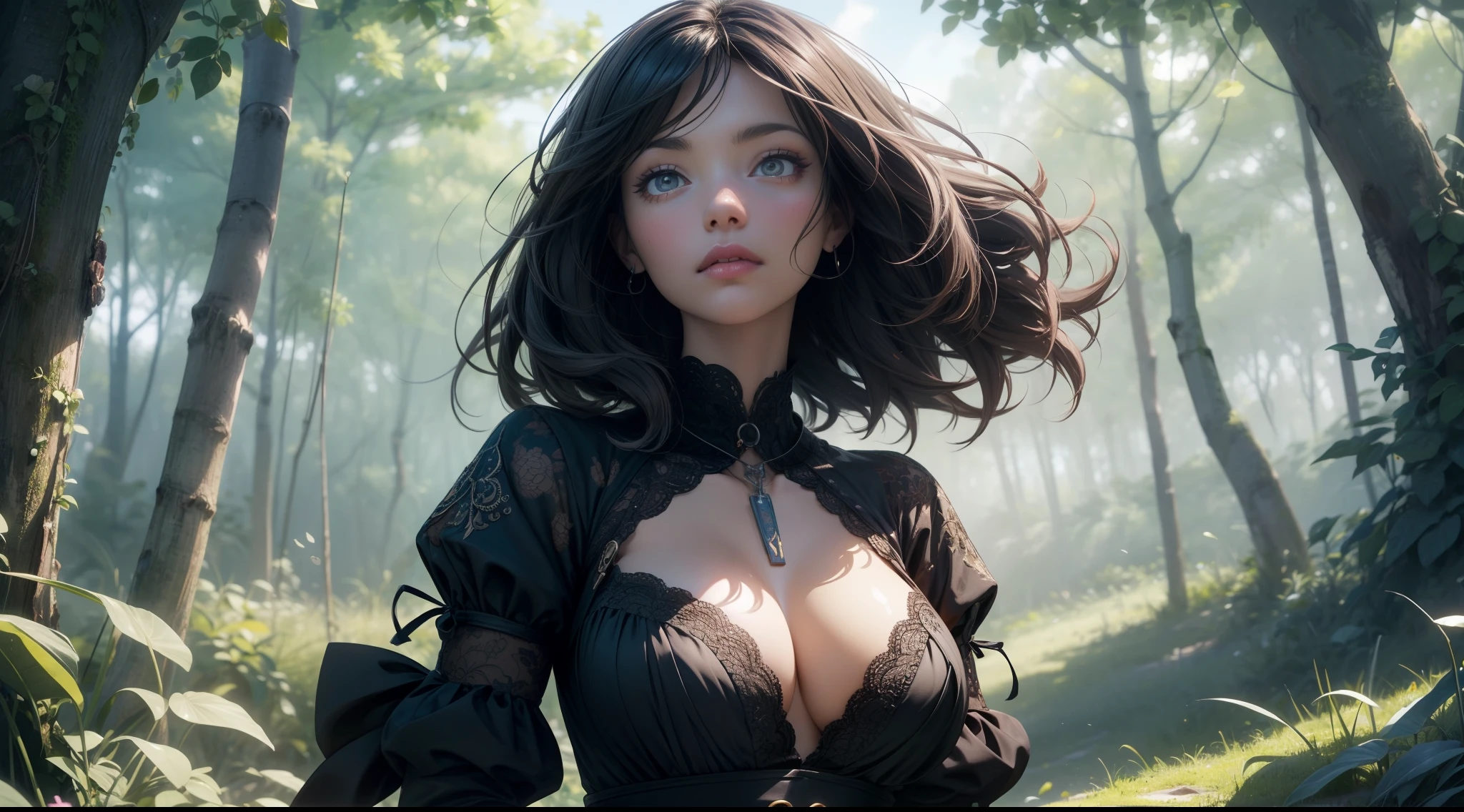 village field peasant woman, 24-year-old female, (face detail), magic lights, magic necklace, dress, neckline, (lacy), [[((forest)):((field)):0.25]:((village)):0.6], train on background, magic technologies, futurism, fantasy, magic, silk, 1girl, masterpiece, best quality, decollete, natural breasts, slim body, zettai ryouiki, medium length hair, (beautiful detailed bright eyes), portrait, (full body), (beautiful and aesthetic:1.2, fractal art:1.4), most realistic, hyper-realistic, RAW, highest quality, best quality, Detailed, Realistic, 4k highly detailed digital art, octane render, bioluminescent, (cool_color), best pixels, 8k ultra, extremely detailed CG unity 8k wallpaper, cinematic lighting
