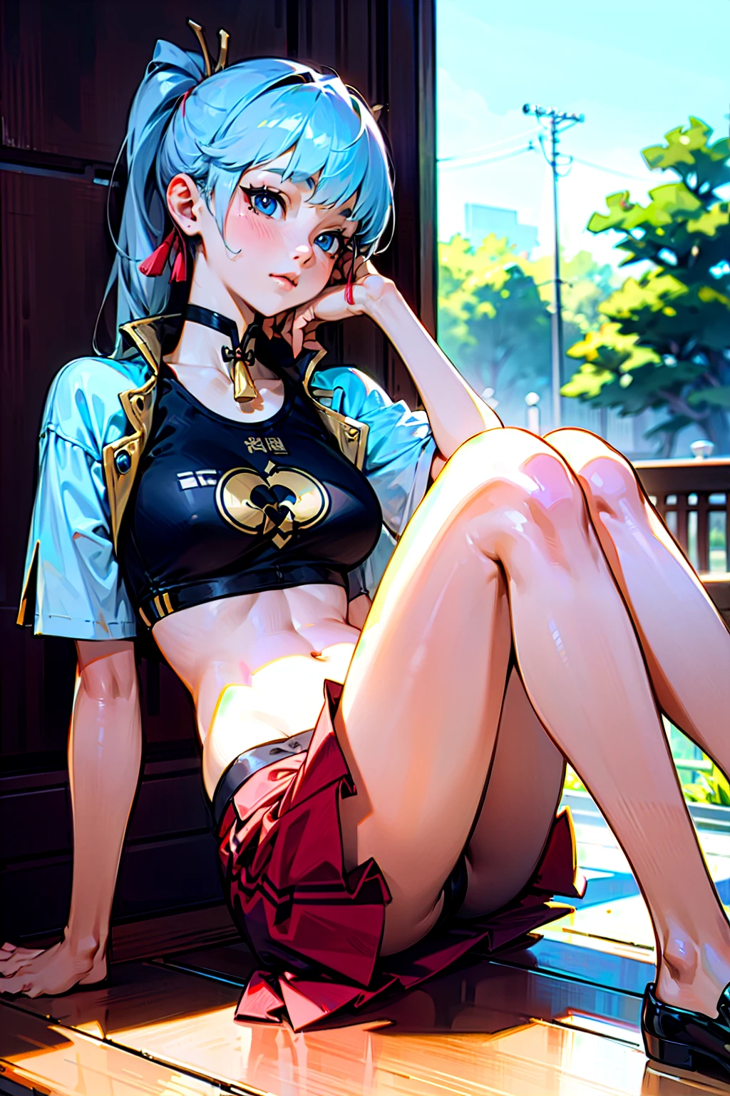 8K,PremiumQuality ,Masterpiece, illustration, Photorealsitic，An extremely delicate and beautiful, Extremely detailed,detailed face texture，Complex facial textures，realistic face textures，Natural light，Best quality, offcial art, extremaly detailed cg， Unified 8K wallpapers, absurderes, hugefilesize , Ultra-detailed, A high resolution ,Outdoor photography，A woman who is（mature，Raised sexy，plumw，seductiv），25 age old，Chinese woman，Korean woman，Bigchest，big assa，Belly exposure，a toned abdomen，（full bodyesbian：1.5）pony tails，Red sports bra，Red tight skirt，Lift the skirt，（pantyless），Camel toes，Sit with your knees folded