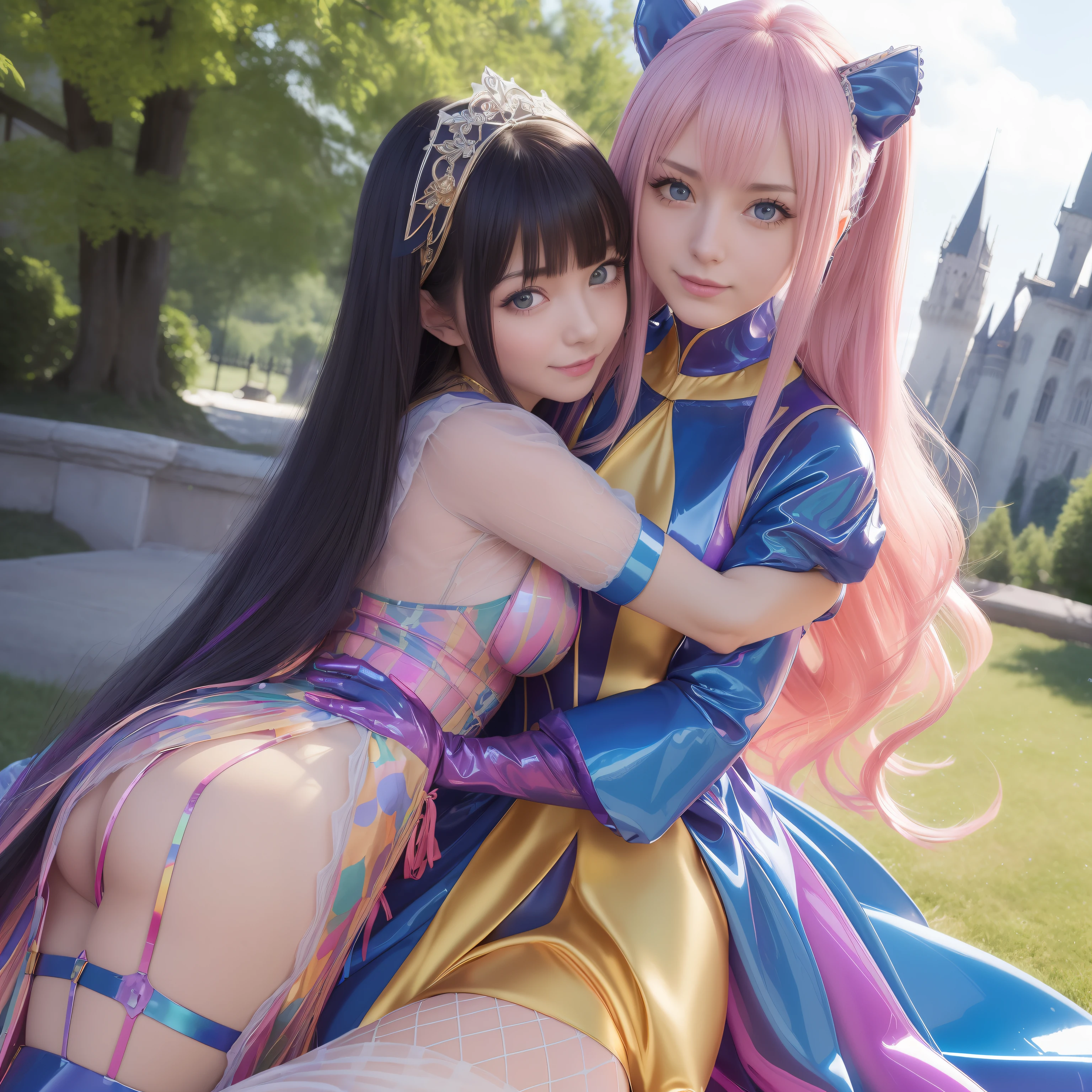 masutepiece,A hyper-realistic,32K,the Extremely Detailed CG Unity 8K Wallpapers, Best Quality,2 girls,(Hugging each other:1.2),(Wearing colorful latex classic mediaeval gown:1.3),(Fishnet stockings are worn tight:1.1),beautiful glowing blue eyes,Rainbow Twin Tail Hair,Full body shot,In front of castle,A smile