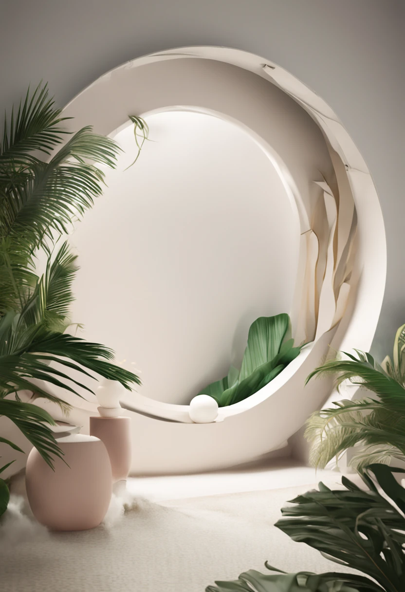 a white round shape under the palm leaves, in the style of minimalist stage designs, soft color fields, realistic rendering, green, award-winning