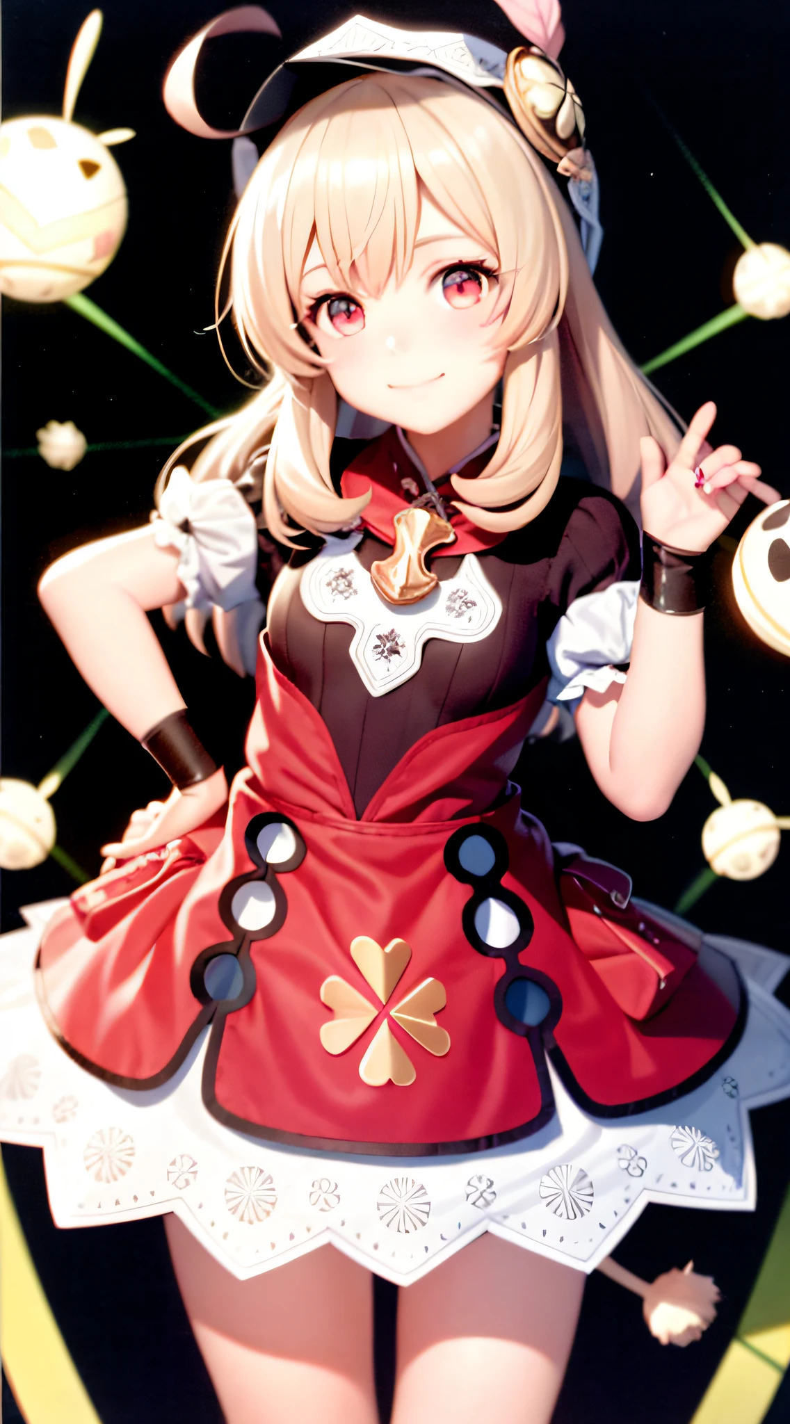 tmasterpiece, Best quality at best, 1girll, ssmile,Wearing a Lolita costume, Ribbed legs,genshinimpact, carismatic\(The object\),Light particles
