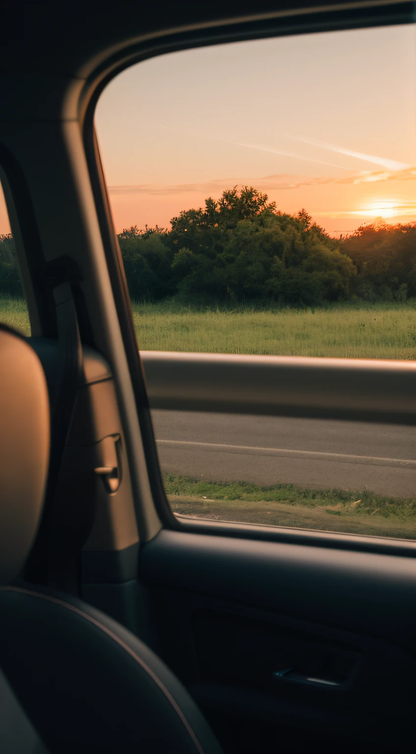 evening light,Look out from afar in the car,The picture is realistic,plethora of colors,Gorgeous and colorful,Shoot at night,positive,natural style,hdr shot,Inside the car,Look inside the car,Sunset directly ahead,Faraway view,Blurred foreground,Ultra-clear details,Ultra photo realsisim,telephoto lenses