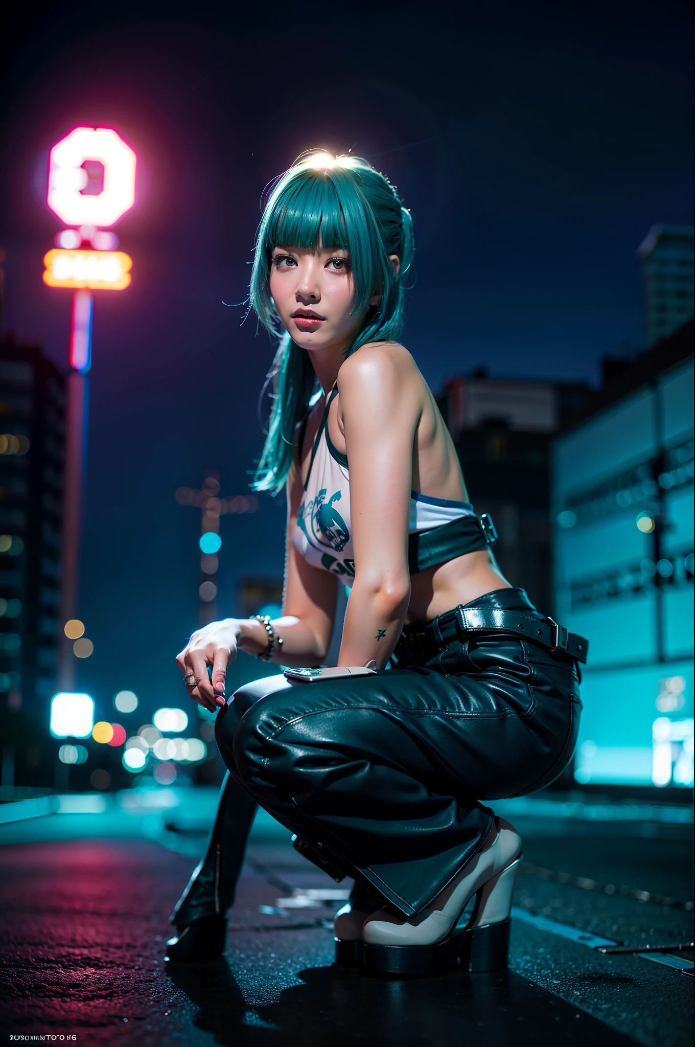 arafed woman with blue hair and a white top crouches down, casual pose, 2 4 year old female model, attractive pose, taken with canon eos 5 d, various poses shooting photos, sexy pose, young asian girl, taken with canon eos 5 d mark iv, taken with a canon eos 5d, taken with a canon eos 5 d, very sexy pose, cars around abandoned gas station sign made from a rocket beautiful blue sky Clutter-Home (AtomPunkStyleSD15:1.0), (masterpiece:1.2) (photorealistic:1.2) (bokeh) (best quality) (detailed skin) (intricate) (8k) (HDR) (cinematic lighting) (sharp focus)