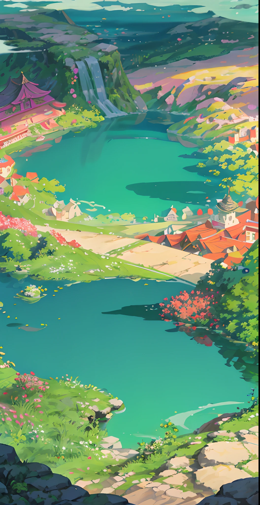 Chinese ancient times, spring, jungle, lake, cave, waterfall, tree, meadow, rock,, hot spring, a plant,volcanoes,coconut palms,Antiquity,jurassic,Ancient plants,rios,grass field,grassy fields,Faraway view,mont,volcanoes,cliff,clouds,sun light, water vapor, (illustration: 1.0), epic composition, realistic lighting, HD details, masterpiece, best quality, (very detailed CG unified 8k wallpaper)
