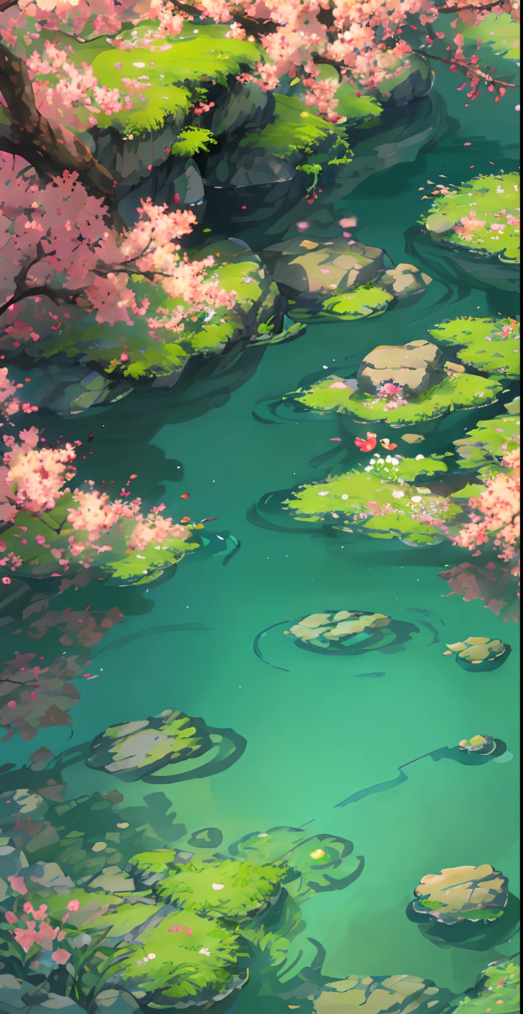 Chinese ancient times, spring, jungle, lake, cave, waterfall, tree, meadow, rock, deer, hot spring, water vapor, (illustration: 1.0), epic composition, realistic lighting, HD details, masterpiece, best quality, (very detailed CG unified 8k wallpaper)