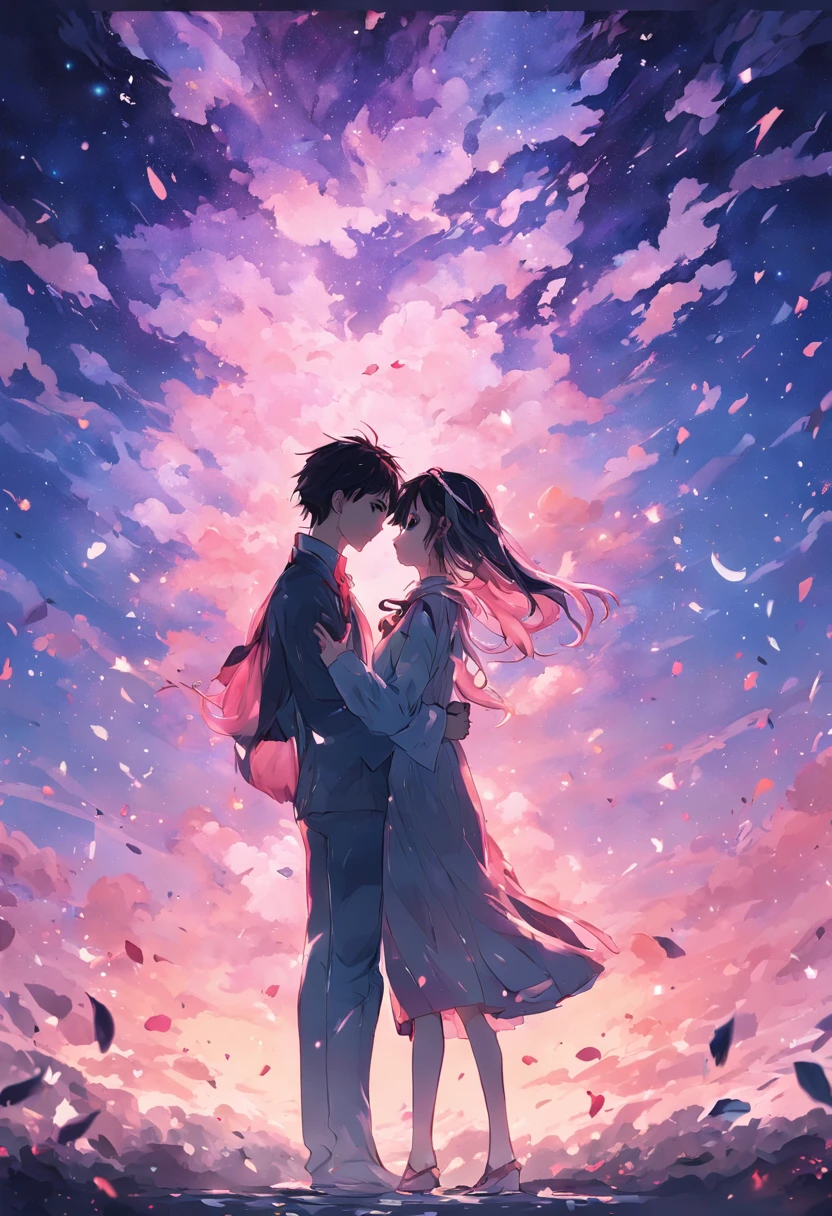 dream colors,tmasterpiece,the detail,starryskybackground,Clouds,Light and shadow effects，film effect,Rich in color，A couple，Embrace each other，In kissing，Petals rained down，Full moon night