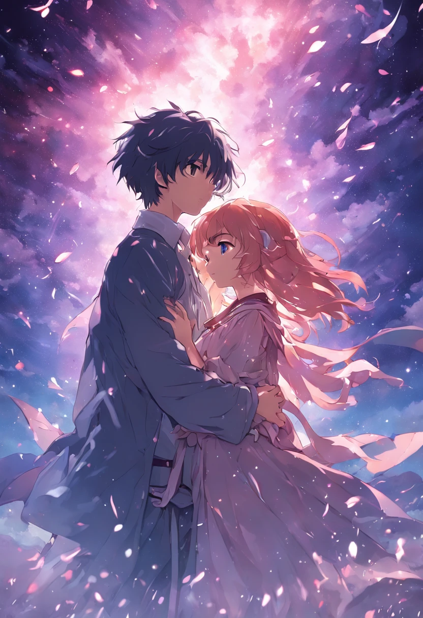 dream colors,tmasterpiece,the detail,starryskybackground,Clouds,Light and shadow effects,film effect,Rich in color,A couple,Embrace each other,In kissing,Petals rained down,Full moon night