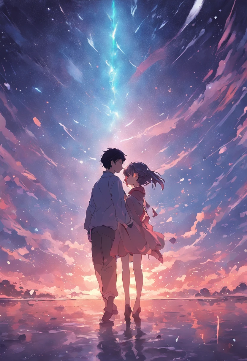 dream colors,tmasterpiece,the detail,starryskybackground,Clouds,Light and shadow effects,film effect,Rich in color,A couple,Embrace each other,In kissing,Petals rained down,Full moon night