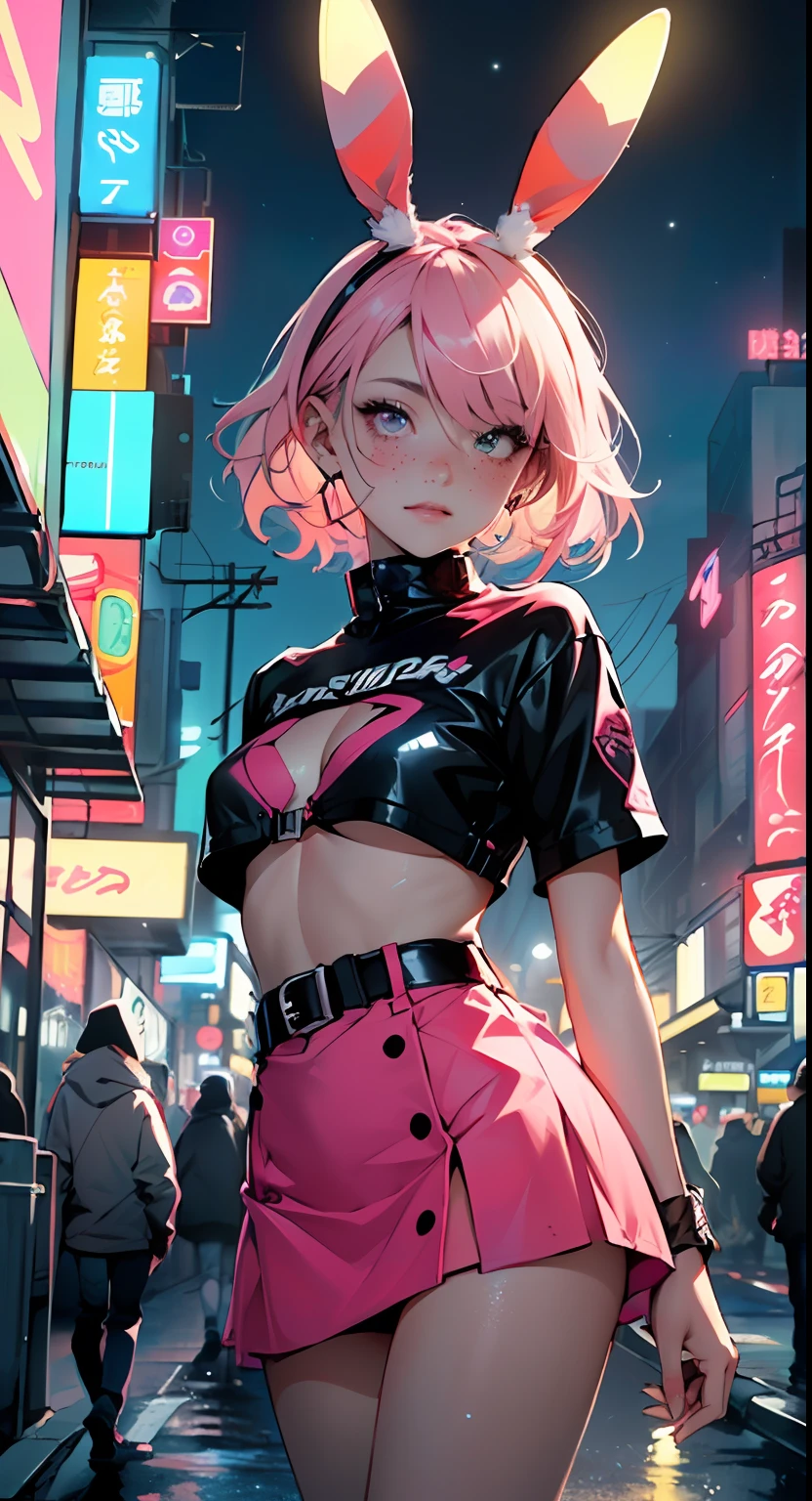 cute little bunny loli,(((little loli,small tiny body,petite))),(((6 years old))),((anime little bunny loli with extremely cute and beautiful fuchsia hair walking down the street)),(((bunny girl,anthro furry cute,bunny-girl))),(((bunny ears,bunny ears on head,big bunny ears))),
(((flat chest))),(((fuchsia hair:1.35,short fuchsia hair,colored inner hair,ear breathing,))),((heterochromia,eye1 fuchsia,eye2 pink,perfect eyes,upturned eyes:1.3,beautiful detailed eyes,finely detailed beautiful eyes:1,big highlight on eyes:1.2,slanted eyes)),(((freckles on the face,freckles,freckled girl))),(((lustrous skin:1.5,bright skin: 1.5,skin tanned,shiny skin,very shiny skin,shiny body,plastic glitter skin,exaggerated shiny skin))),(delicate detailed fingers,detailed body,detailed arms,human hands,(detailed face)),
cute,slutty,,??????,(((nsfw))),
zettai ryouiki,revealing clothing,show skin,((rave shirt,neon colored shirt,rave mini-skirt,visible thong straps)),(wearing a rave outfit:1.3,rave clothes,semi-naked,with little clothing,),(detailed outfit,detailed clothes),
(dynamic pose:1.0),solo focus,embarrassed,centered,scale to fit dimensions,Rule of thirds,
outdoors,((night view)),(very pretty city neon synthwave,cyberpunk night street Background:1.5,dark sky,thick clouds),future vehicles,((neon lights)),thick clouds,(cyberpunk style,neon lights, (synthwave theme background), lonely street),(((detailed background:1.25))),
(best quality),(high resolution),(sharp focus),(ultra detailed),(extremely detailed),(extremely high quality artwork),8k_wallpaper,(extremely detailed CG 8k),(very fine 8K CG),((hyper super ultra detailed perfect piece)),flawless,(((masterpiece))),illustration,vibrant colors,(intricate),High contrast,Selective lighting,Double exposure,HDR (High Dynamic Range),Post-processing,Background blur,