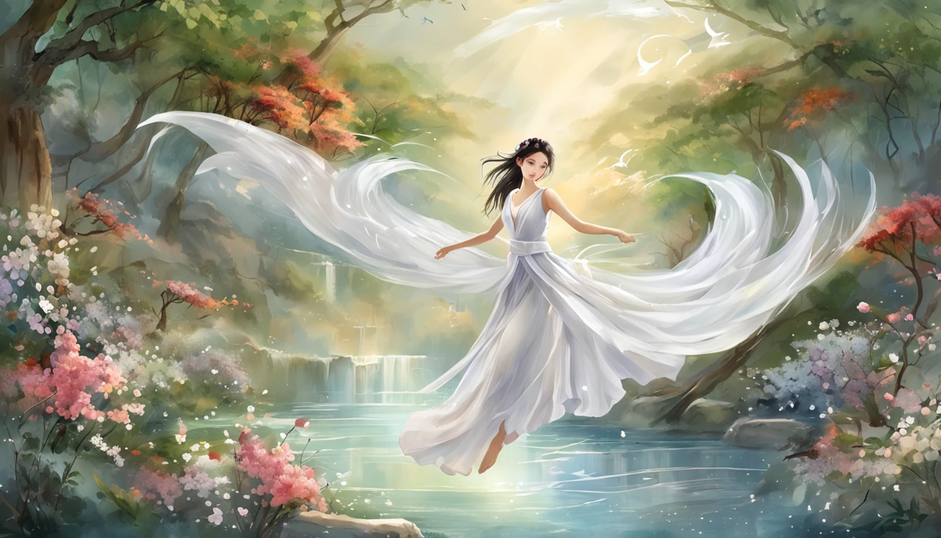 a white dress Chinese fairy girl flying in the sky over a bridge, Flowers and running water, The divine realm of the gods, Paradise in the Mist!!!!!!!!, Divine light, super detailing, esoteric equation heaven, Breathtaking, breathtaking art, Everything that floats in the sky, afofuturism,