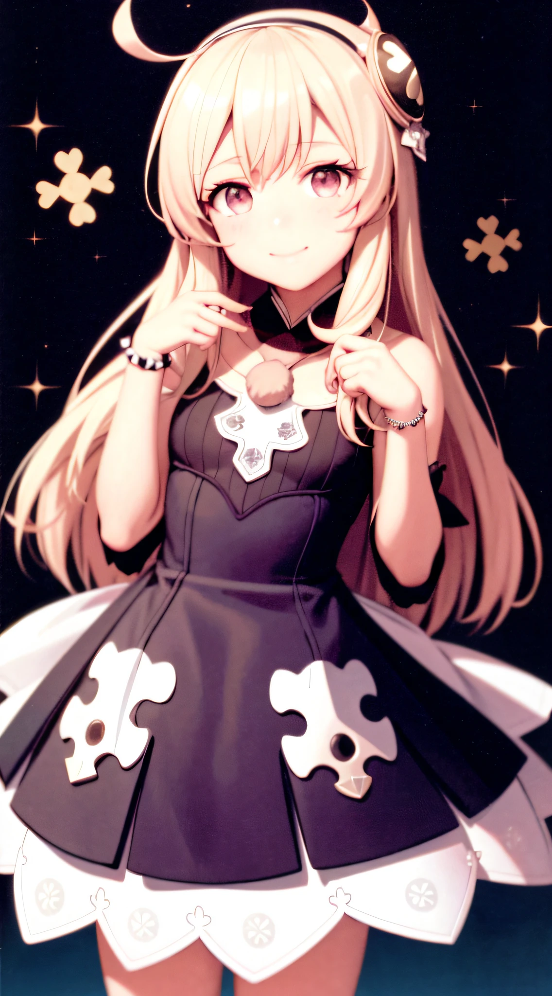 tmasterpiece， Best quality at best， 1girll， ssmile，Wearing a ta costume， Ribbed legs，genshinimpact， carismatic\（The object\），Light particles，Q version，Moe version of Kori