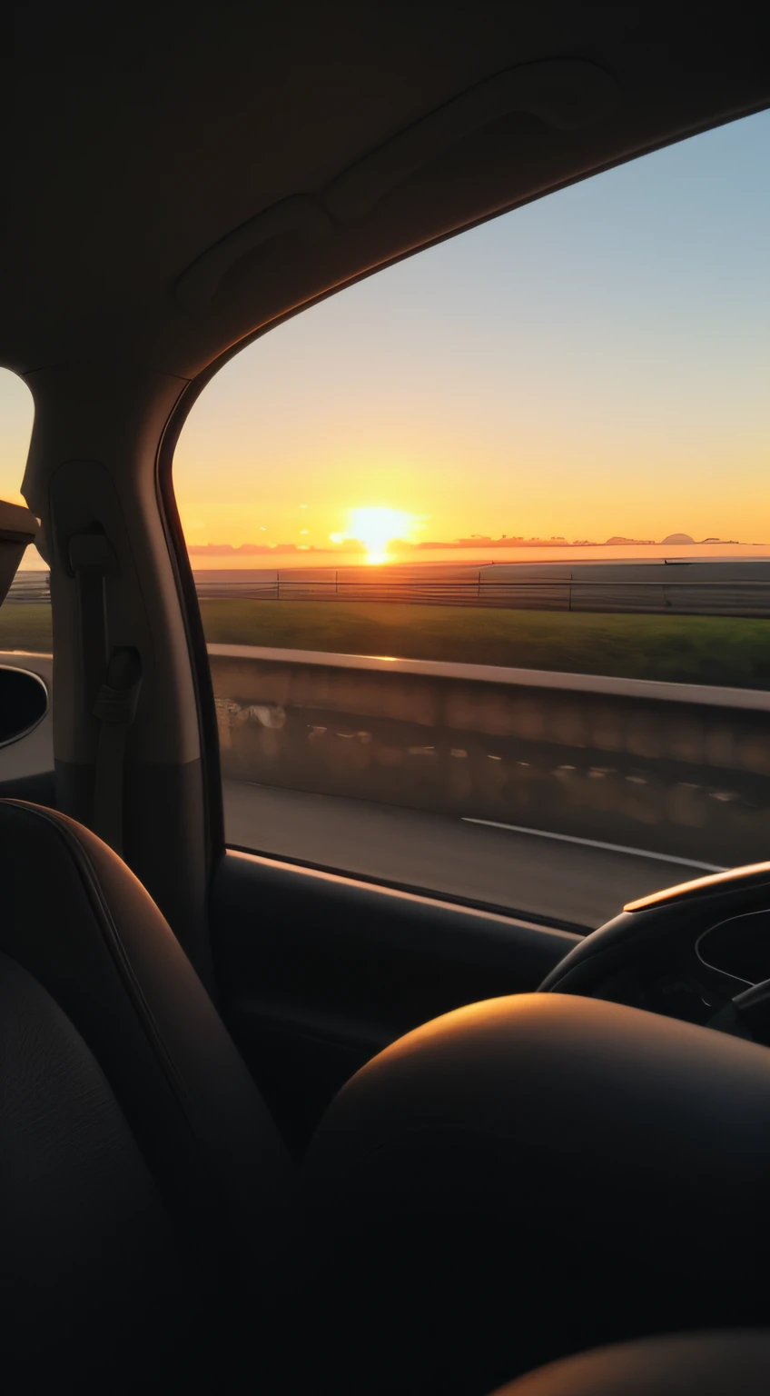 evening light,Look out from afar in the car,The picture is realistic,plethora of colors,Gorgeous and colorful,Shoot at night,positive,natural style,hdr shot,Inside the car,Look inside the car,Sunset directly ahead,Faraway view,Blurred foreground,Ultra-clear details,Ultra photo realsisim,telephoto lenses