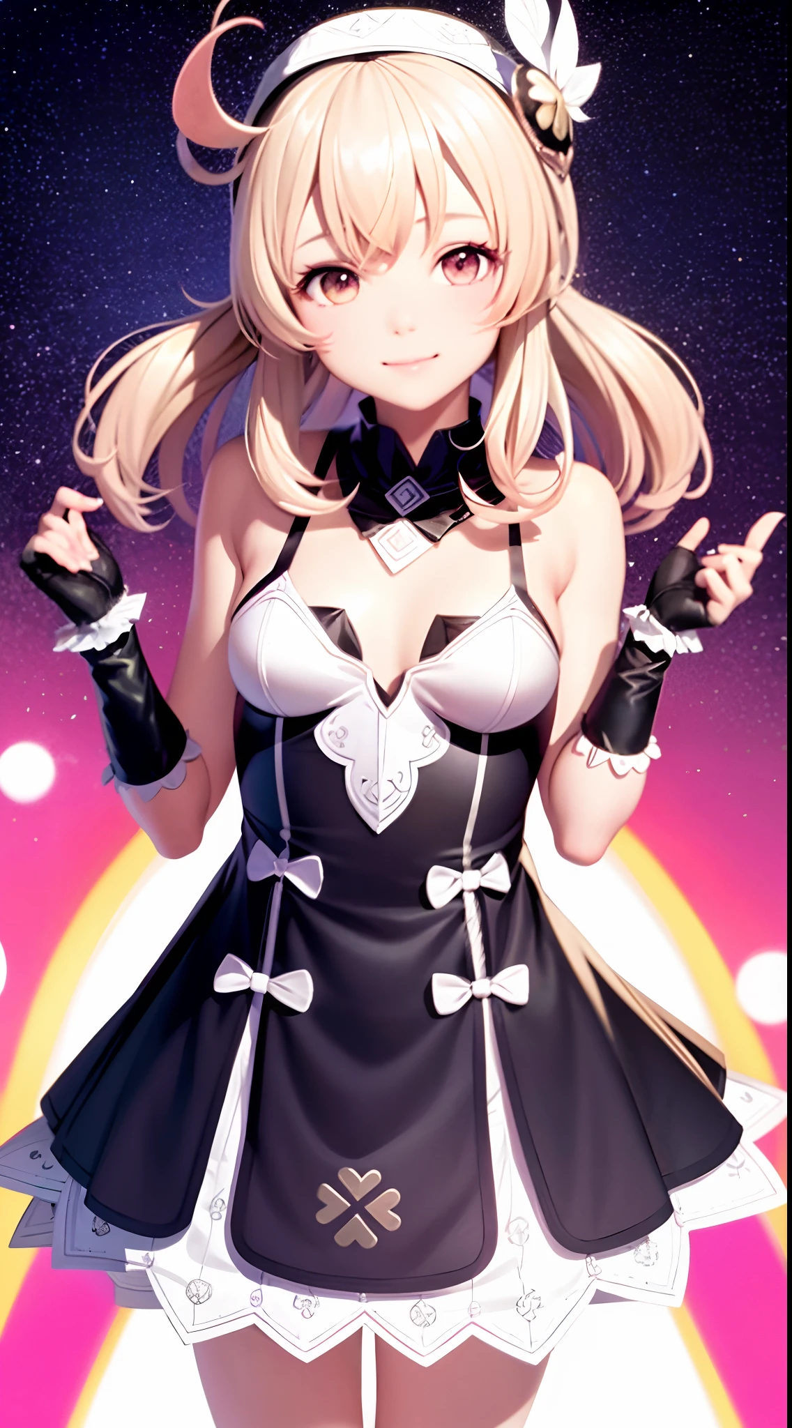tmasterpiece， Best quality at best， 1girll， ssmile，Wearing a ta costume， Ribbed legs，genshinimpact， carismatic\（The object\），Light particles，Q version，Moe version of Kori