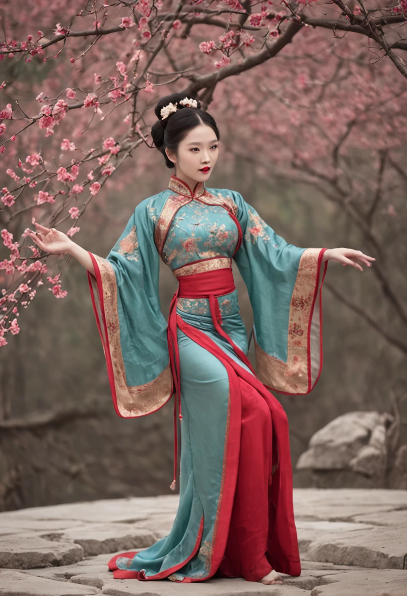 （wide angles，Ultra HD details，Masterpiece, hyper HD, Super detail, High details, Best quality, A high resolution, A high resolution, Award-Awarded, Award-Awarded, Anatomically correct, 8K，），（Chinese Song dynasty beauties dance in pants），（??????? correct，The hands and face are very delicate and clear），（Stand in the middle of a quaint courtyard，Plum tree，Chinese elements，Winter clothing，Plum blossoms fall：1.2，Snowflakes fall：1.2，），（Chinese premium color scheme，电影灯光）