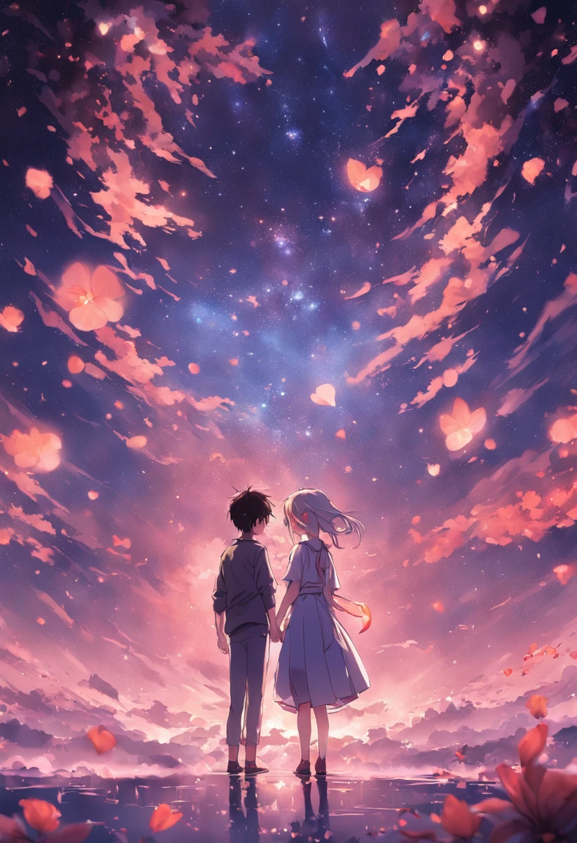 dream colors,tmasterpiece,the detail,starryskybackground,Clouds,Light and shadow effects,film effect,Rich in color,((A couple)),Embrace each other,((((In kissing)))),Petals rained down,Full moon night,Blooming with flowers,blurryforeground,Depth of field effect,