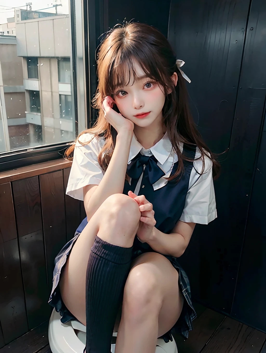 ((Dark blue high socks)) ((Brown loafers)) 、(Raw photography:1.2)、(Photorealsitic:1.4)、The beauty of beautiful details Above the toilet bowl in the toilet Delicate expression with open crotch、a blond、((Panties are visible))(Squatting panty shots)二重まぶた Lashes beatiful detailed eyes、ultra-detailliert、hight resolution、Transcendent beauty top-quality、masterpiece、、(Japanese girls' high school uniform))、Very detailed expression school classrooms Highly detailed face movie lighting、21 year old woman Work in the sex industry front facing、((dynamicposes)))、(Sitting on legs with bent knees))、pleatedskirt、Ribbon 1,2 Sexy Upper Eyes A slight smil low angles