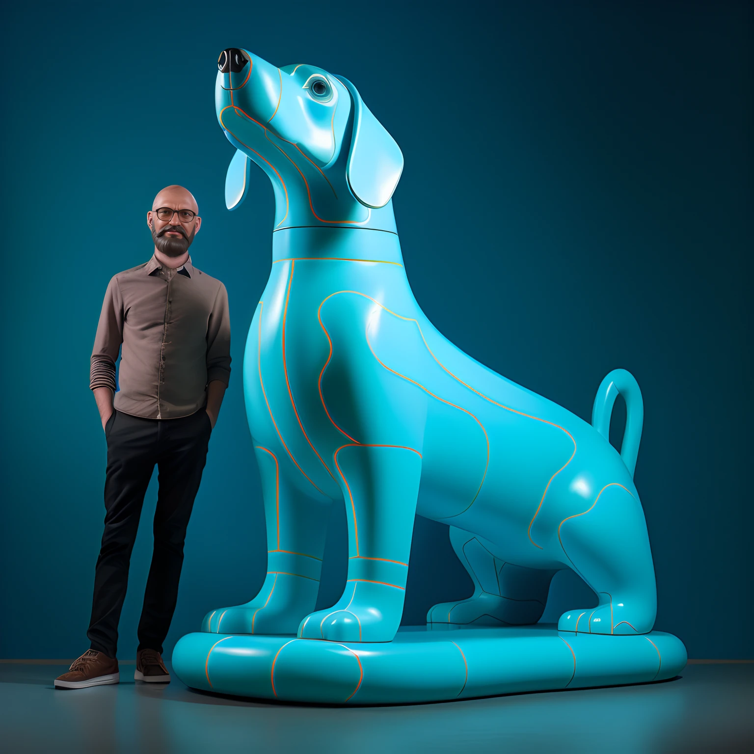 bald man with brown and grey beard wearing glasses next to a giant dachshund statue