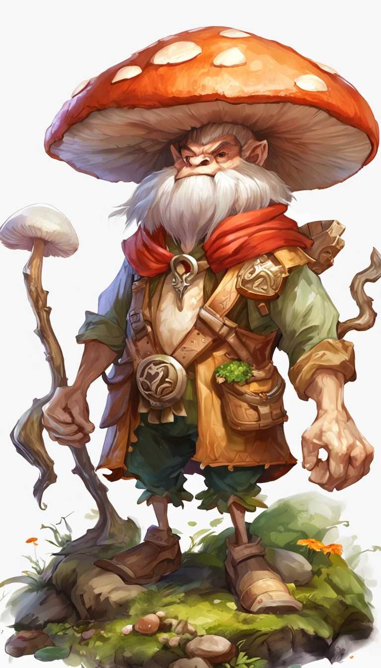 ((top-quality))、((tmasterpiece))、((Full body photo of anthropomorphic male mushroom))、((very simple background))、(Game character design)、Mushroom anthropomorphic monsters、(Moss and mushrooms merge with the body,)、luminous body、Beastman、Ornaments with mushroom motifs、独奏、Bigchest，Fighting posture