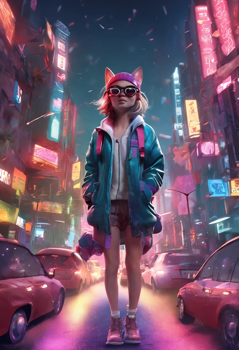 Perfect centering, A cute kitten all over, Wear a student varsity jacket, Wearing sunglasses, Wearing headphones, cheerfulness, Standing position, Abstract beauty, Centered, Looking at the camera, Facing the camera, nearing perfection, Dynamic, Moonlight, Highly detailed, Digital painting, art  stations, concept-art, smooth, Sharp focus, 8K, high definition resolution, illustration, Art by Carne Griffiths and Wadim Kashin, White background