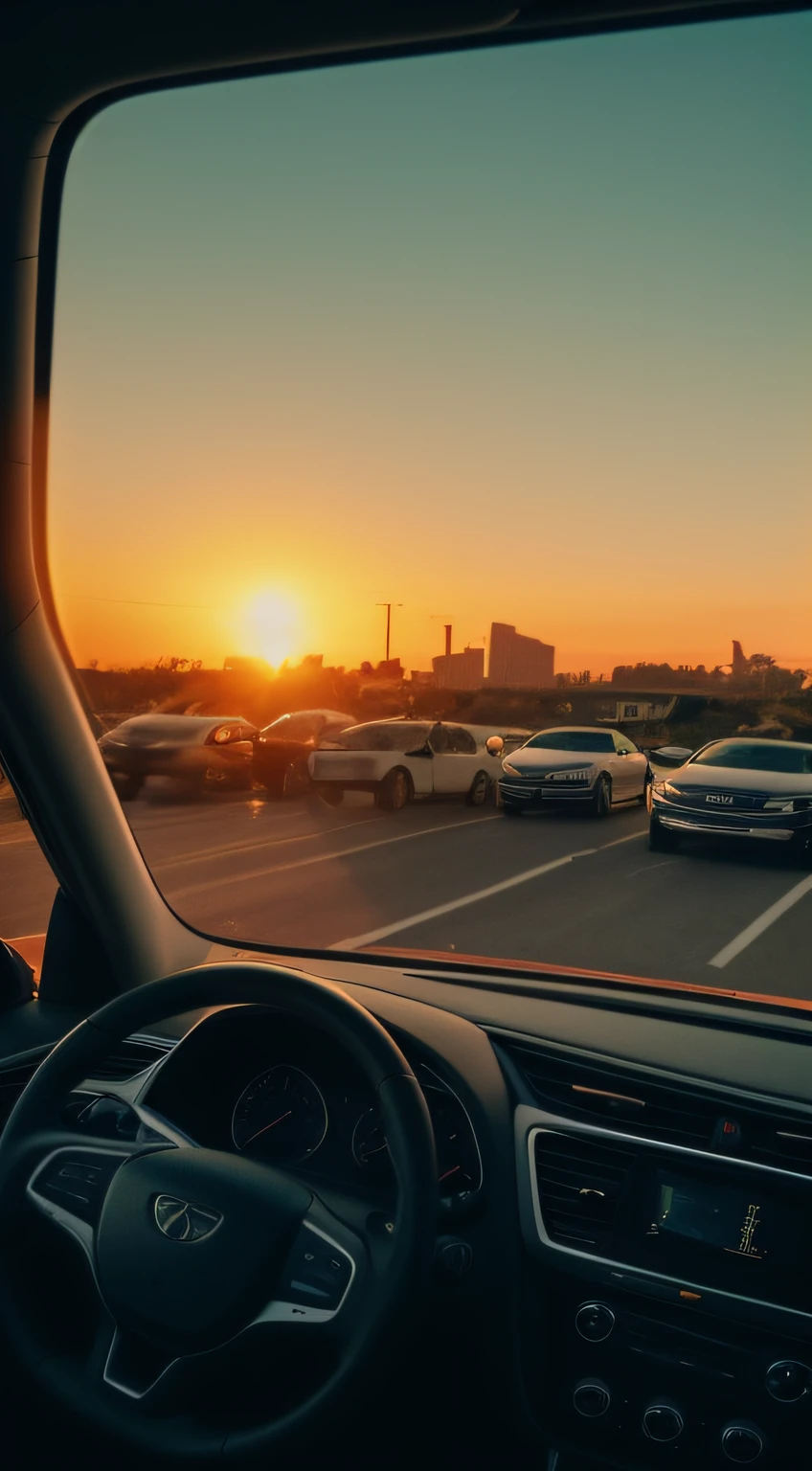 evening light,Look out from afar in the car,The picture is realistic,plethora of colors,Gorgeous and colorful,Shoot at night,positive,Urban style,hdr shot,Inside the car,Look inside the car,Sunset directly ahead,Faraway view,Blurred foreground,Ultra-clear details,Ultra photo realsisim,telephoto lenses