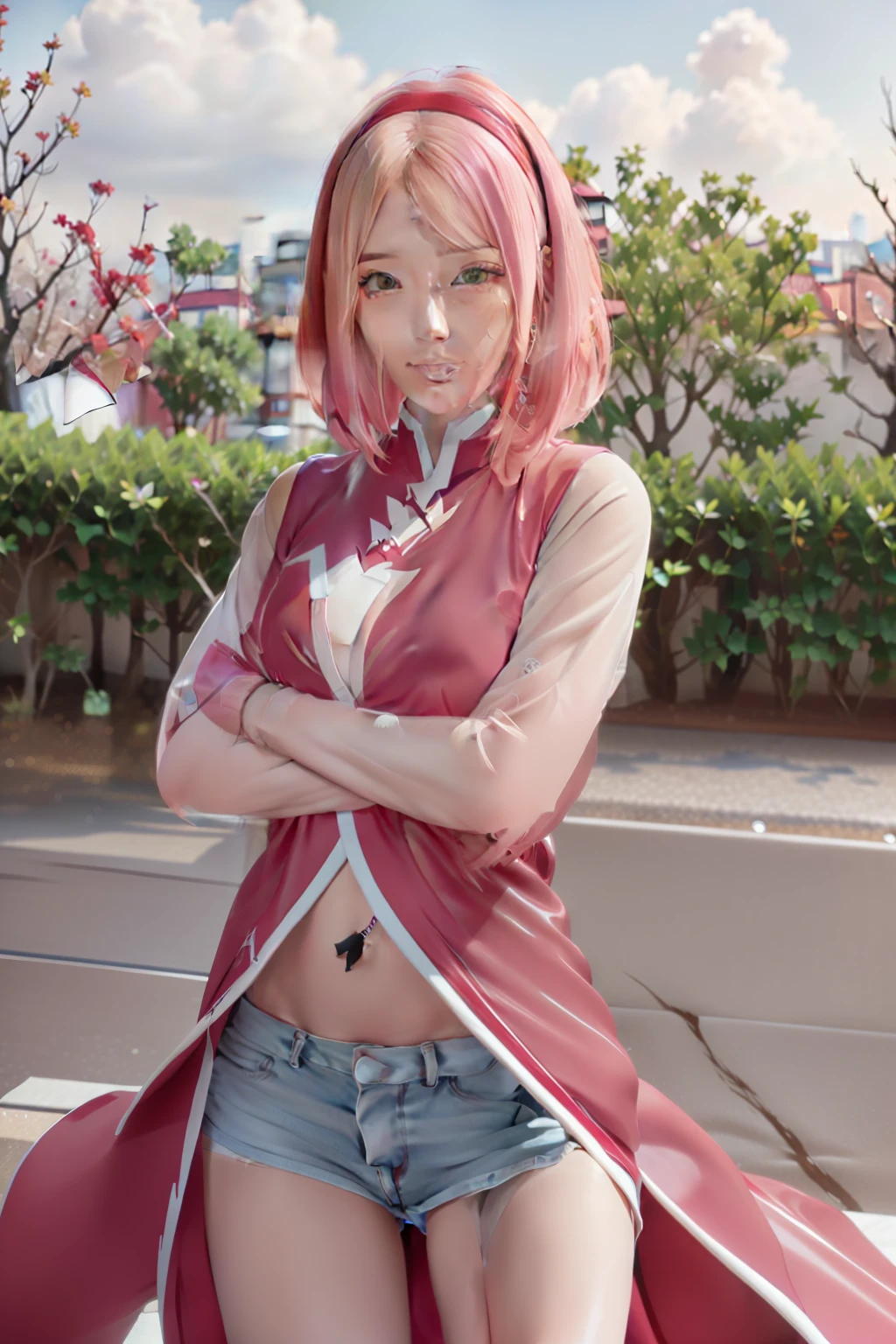 a close up of a person with long hair and a hoodie, sakura haruno, sakura haruno from naruto, from naruto, as an anime character, perfect anime face, she has pink hair with bangs, female anime character, anime character, anime best girl, hime cut hairstyle, pink hair, (red glossy lips:1.3), light green eyes, big breasts, realistic, ultra detail, indoor background