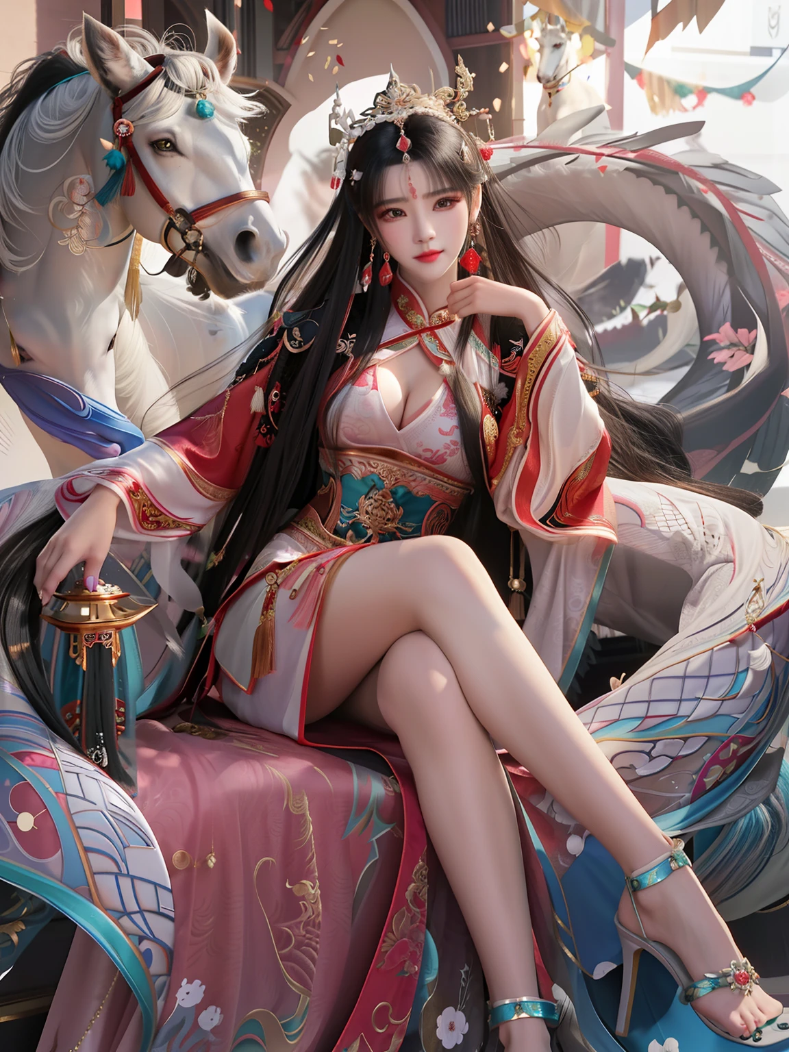 Bela mulher chinesa usando roupas hunfa estilo wuxia,cabelos negros lisos,compridos,olhos negros fascinantes,roupa feminina acentuado suas formas,voluptuosa,elegant dragon princess,sensual,standing holding a large battle spear and beside him an imposing white horse