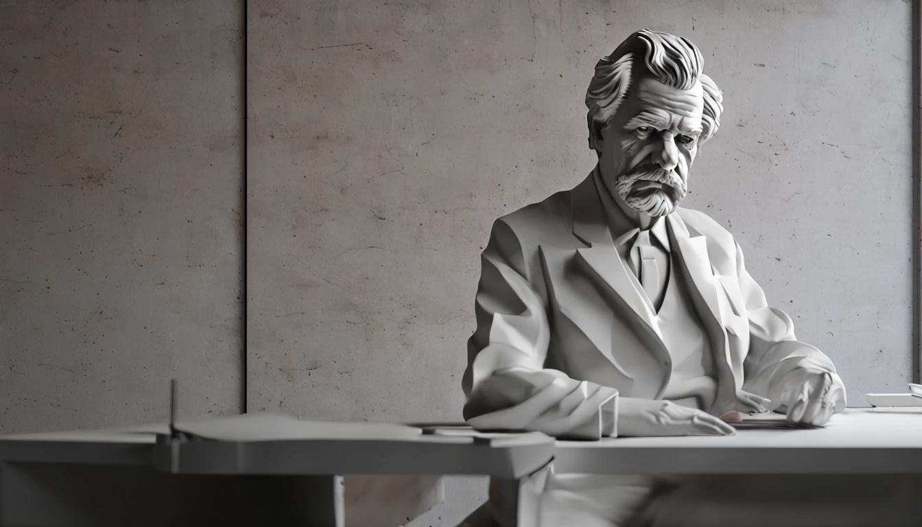 /imagine prompt: Um retrato ousado de Mark Twain em um porta-retrato moderno, placed in a minimalist office with exposed concrete walls and neon lighting, The atmosphere is contemporary and intriguing, enfatizando a atemporalidade das palavras de Twain, Escultura digital em 3D, reflective metal surface, --ar 1:1 --v 5