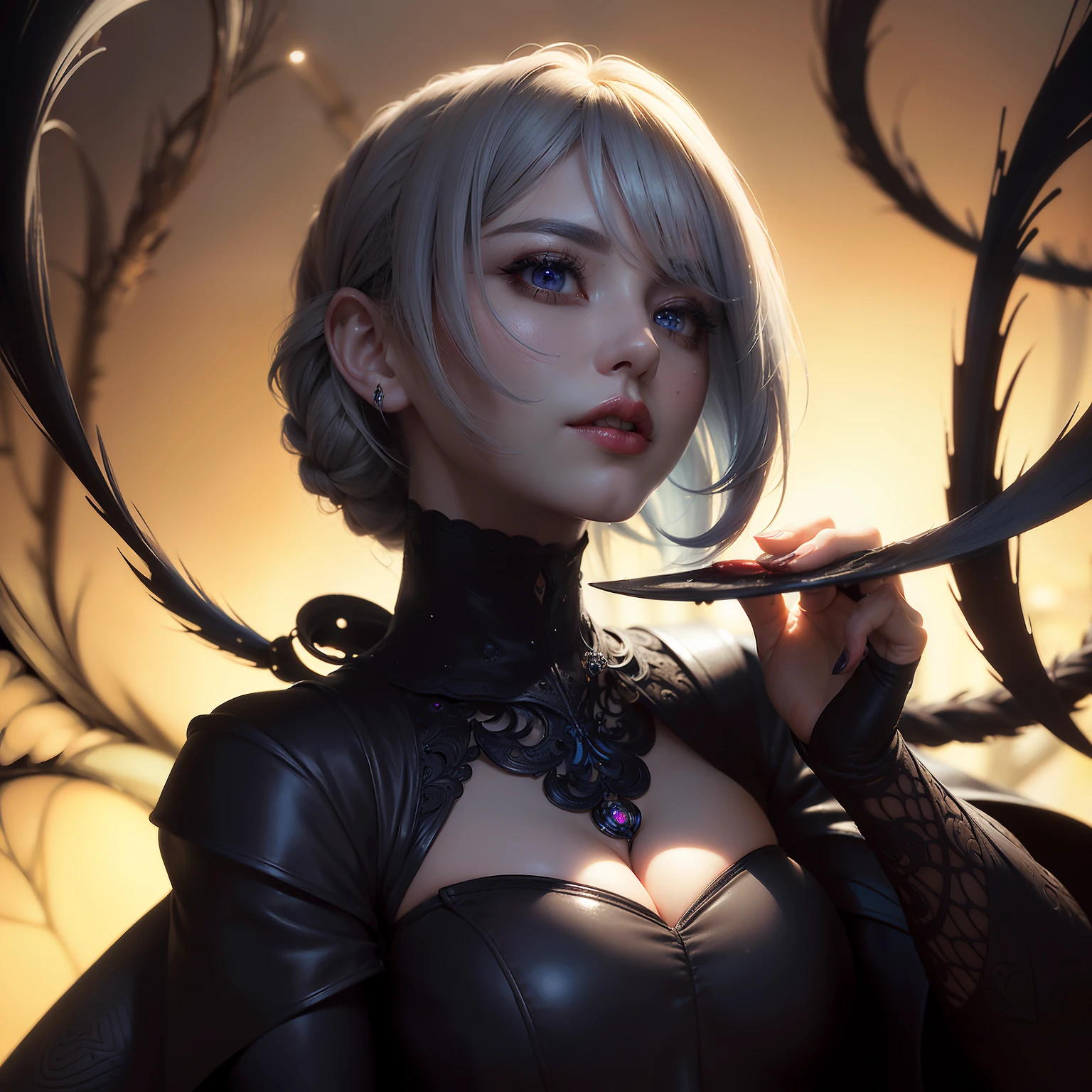 (((Bloodbourne style aesthetic))) (((Masterpiece))) from the big bust to the pelvic area ((beauty shape)) of a beauty hyperrealist & photorealist beauty young astonishing girl in gray clothing highly & extremely detailed with cape & scarf, Unity 8k, pearly perfect wet skin with pores (((white hair & glowing colores highlights in the hair))) ((perfect face shapes, complete perfect red lips, perfect nose, correct beautiful eyes, eyelashes, detailed intricate iris textured face in ZBrush)), Ultra HD, (((no illumination))), developed by Unreal Engine 5, Ultra Sharp Focus, Art by Alberto Seveso, Sci-Fi, vibrant & intricate Artwork, golden Ratio, epic