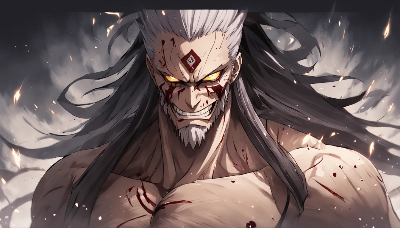 "Zaraki Kenpachi, aura amarela, Viking com rosto do giurosa, Sorriso esquerdo, blood tears, sombrio, qualidade excepcional, multiple facial scars, Zaraki Kenpachi que ri, armadura viking das trevas, Gothic style."