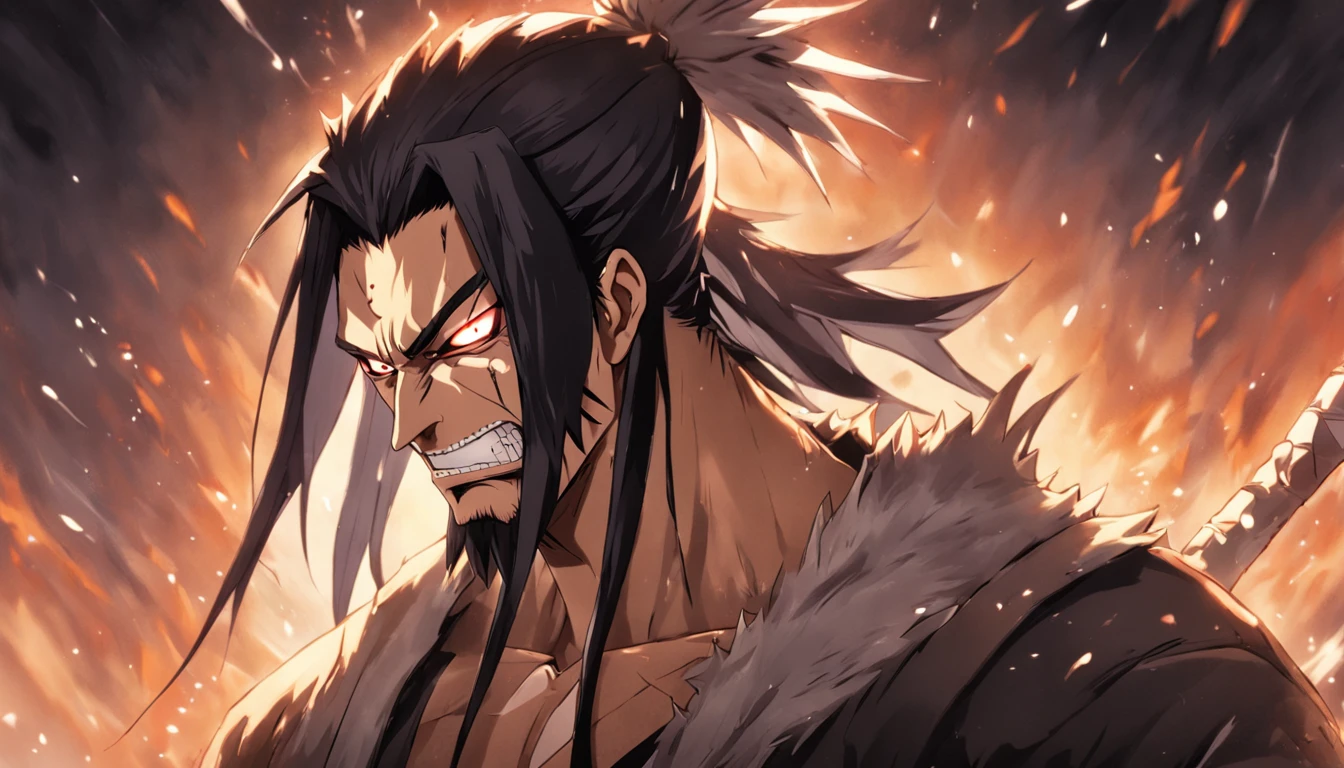 "Zaraki Kenpachi, aura amarela, Viking com rosto do giurosa, Sorriso esquerdo, blood tears, sombrio, qualidade excepcional, multiple facial scars, Zaraki Kenpachi que ri, armadura viking das trevas, Gothic style."