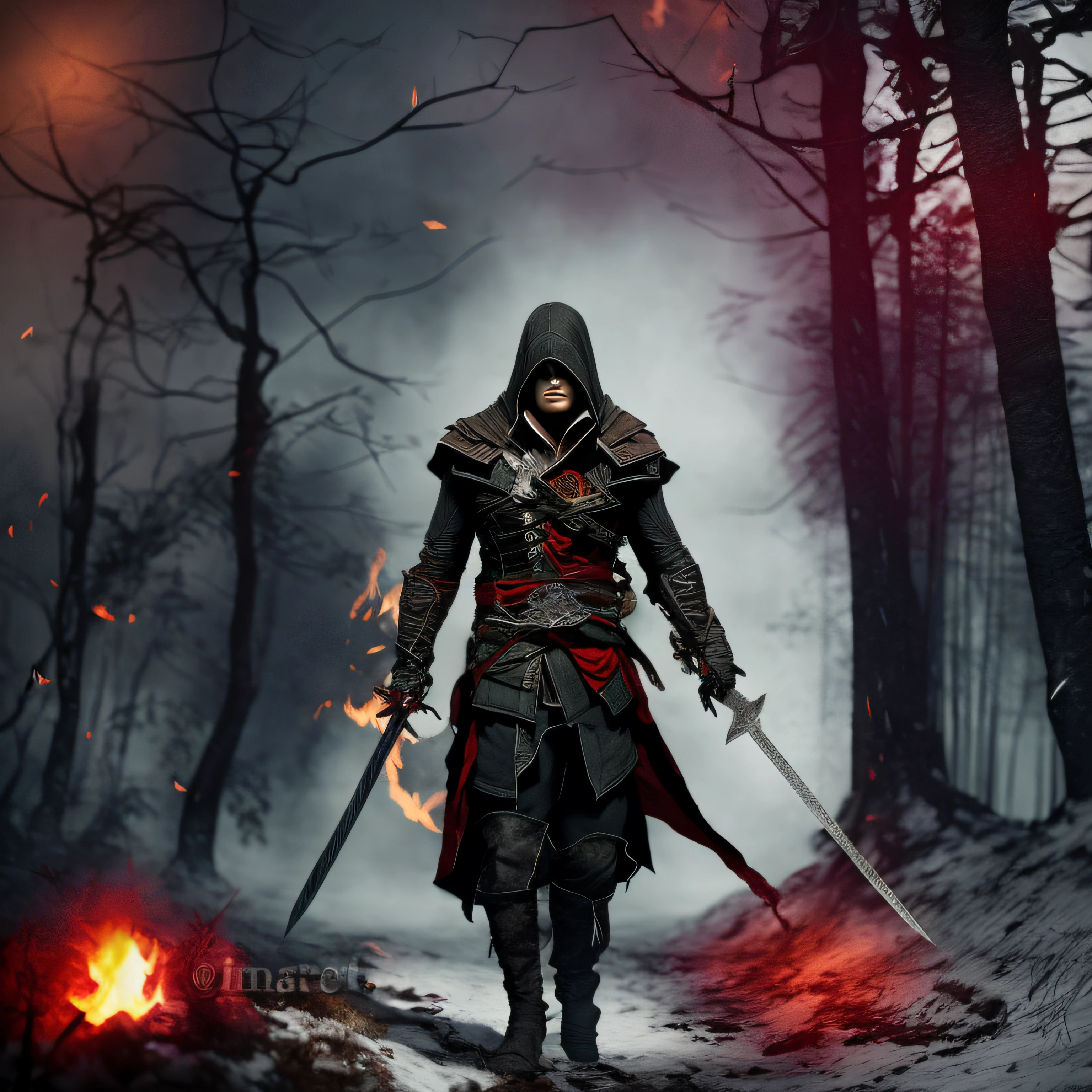 Wounded ninja wearing a black Assassin's Creed style cape, and with his sword bleeding, walking through a burning forest on a snowy night.