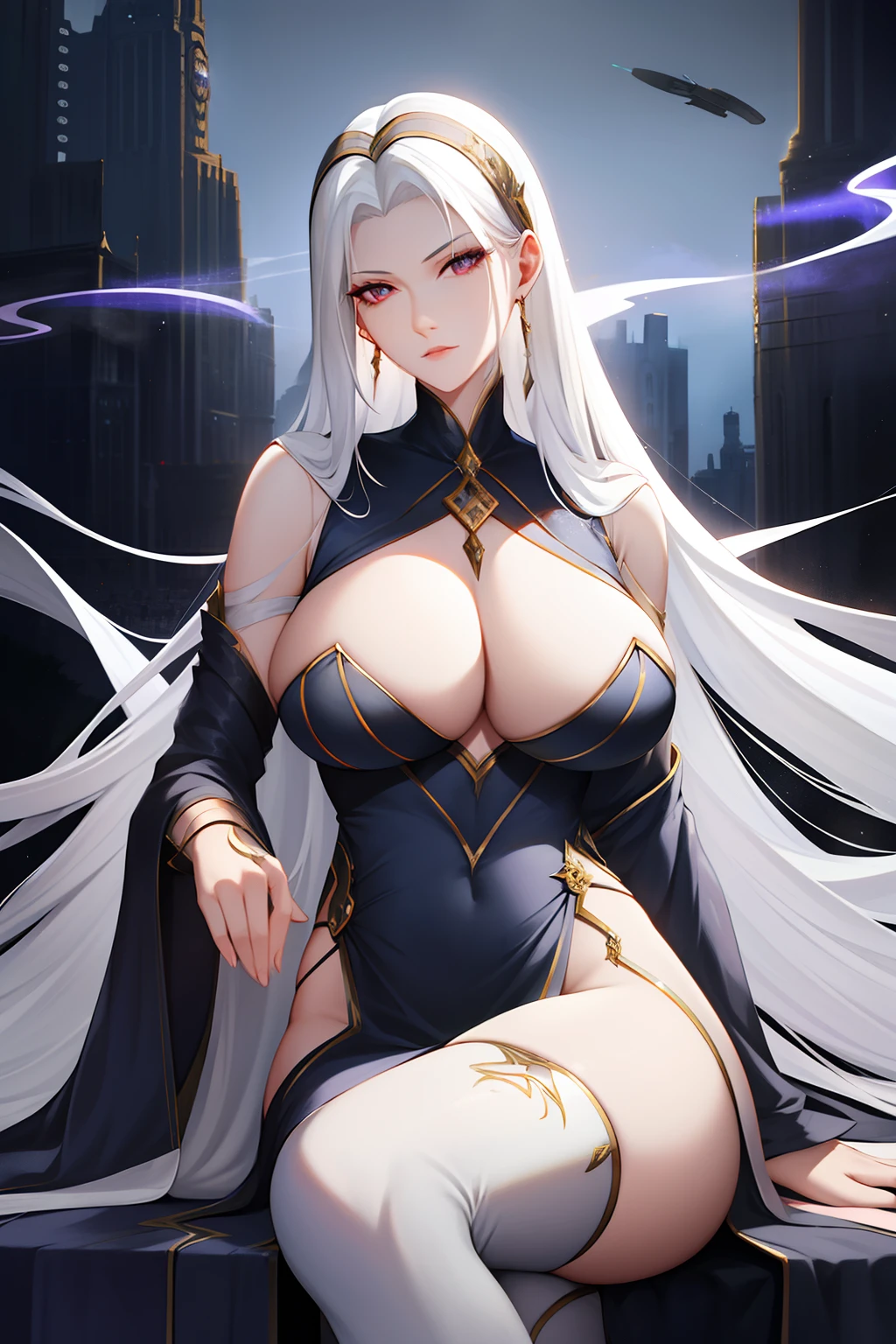 Aconidin, Red iris, Gray Hair creates amazing portraits of beautiful women in futuristic settings. She stands against the backdrop of a mysterious city embraced by stars and smoke, Represents prosperity. Her porcelain skin glows, Exudes ethereal beauty. Her long, Flowing white hair, Pure as freshly fallen snow, Pouring down her shoulders and bust, Emphasize her grandeur. Over-the-knee boots stockings lying on a tree