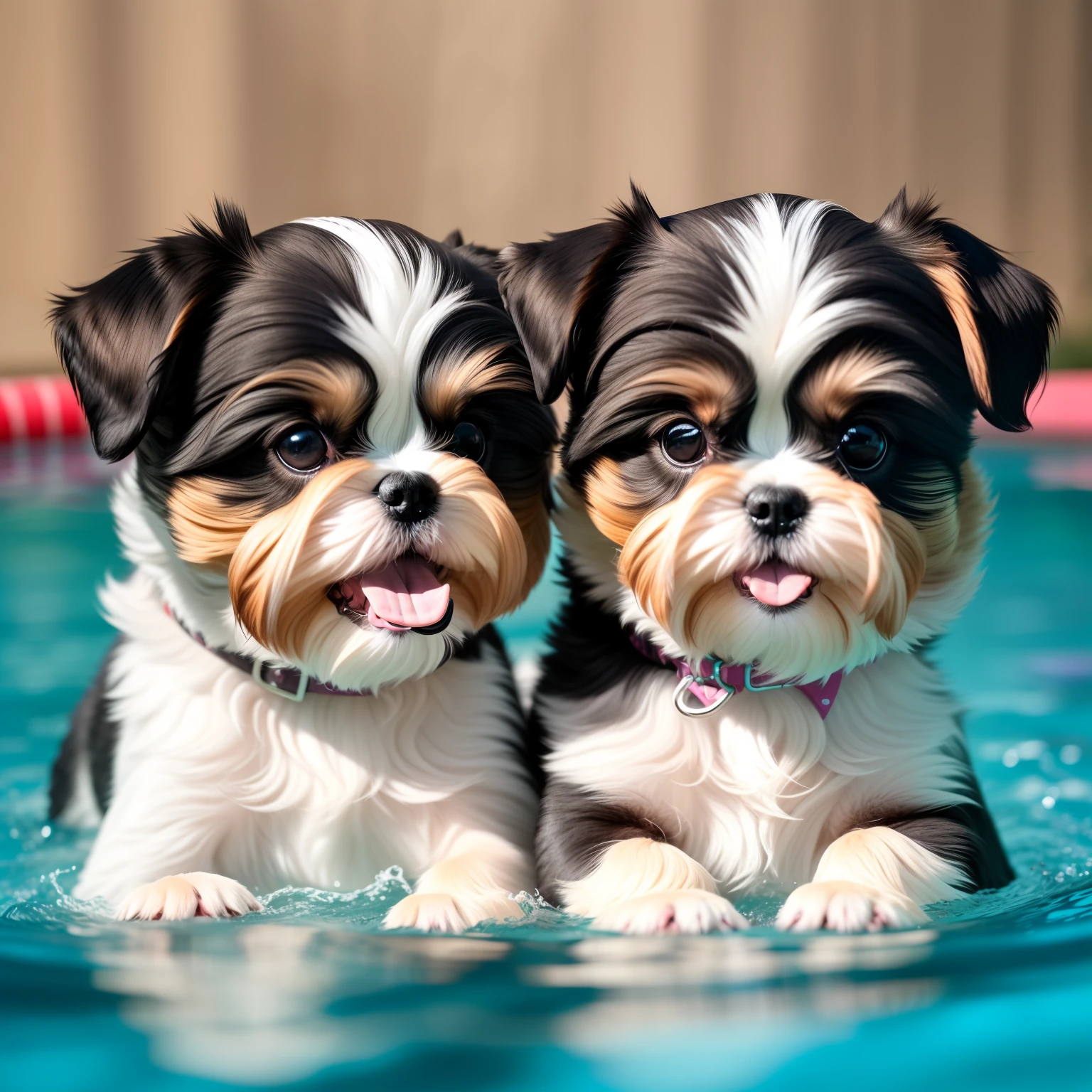 hyper Quality,Cute two Yorkshire Terrier puppies,different body colors,swimming in the pool,smile,black eyes,barking,narrow eyes,smile,eos r3 28mm --auto