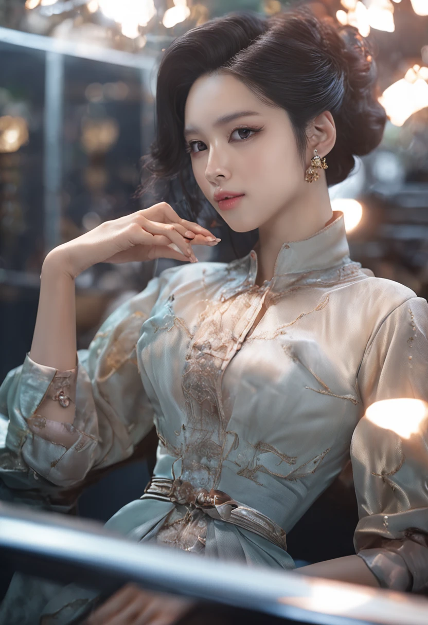 ultra wide angle shot,cinematic style,8k,RAW photo,photo-realistic,masterpiece,best quality,highres,extremely detailed,intricate details,absurdres resolution,High quality texture,detailed texture,professional lighting,radiosity,photon mapping,physically-based rendering,High quality shadow,Ray tracing,perfect body,perfect face,hdr,adorable_girl,makeup,studded bracelets,white hair,double bun,blunt bangs,(leather cheongsam:1.1),(china_dress:1.1),sharp edges,with heavy fog in air,Graffiti wall,water vapor,in winter,stylish_pose,wet,strappy_heels,Surrounded by mirrors,