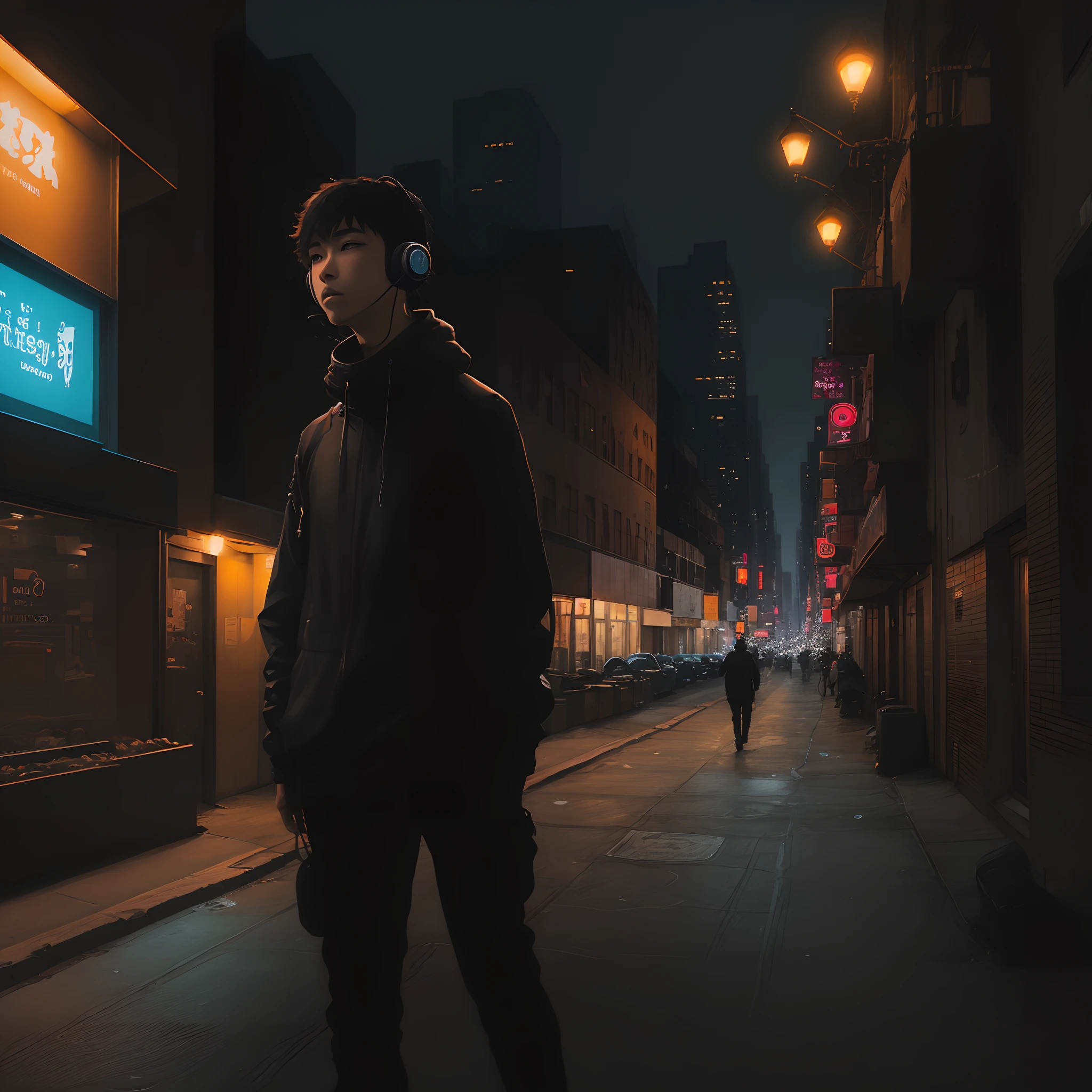 street of new york、Man wearing headphones、Walking、far away、illustratio、walk、1人、foreigner
