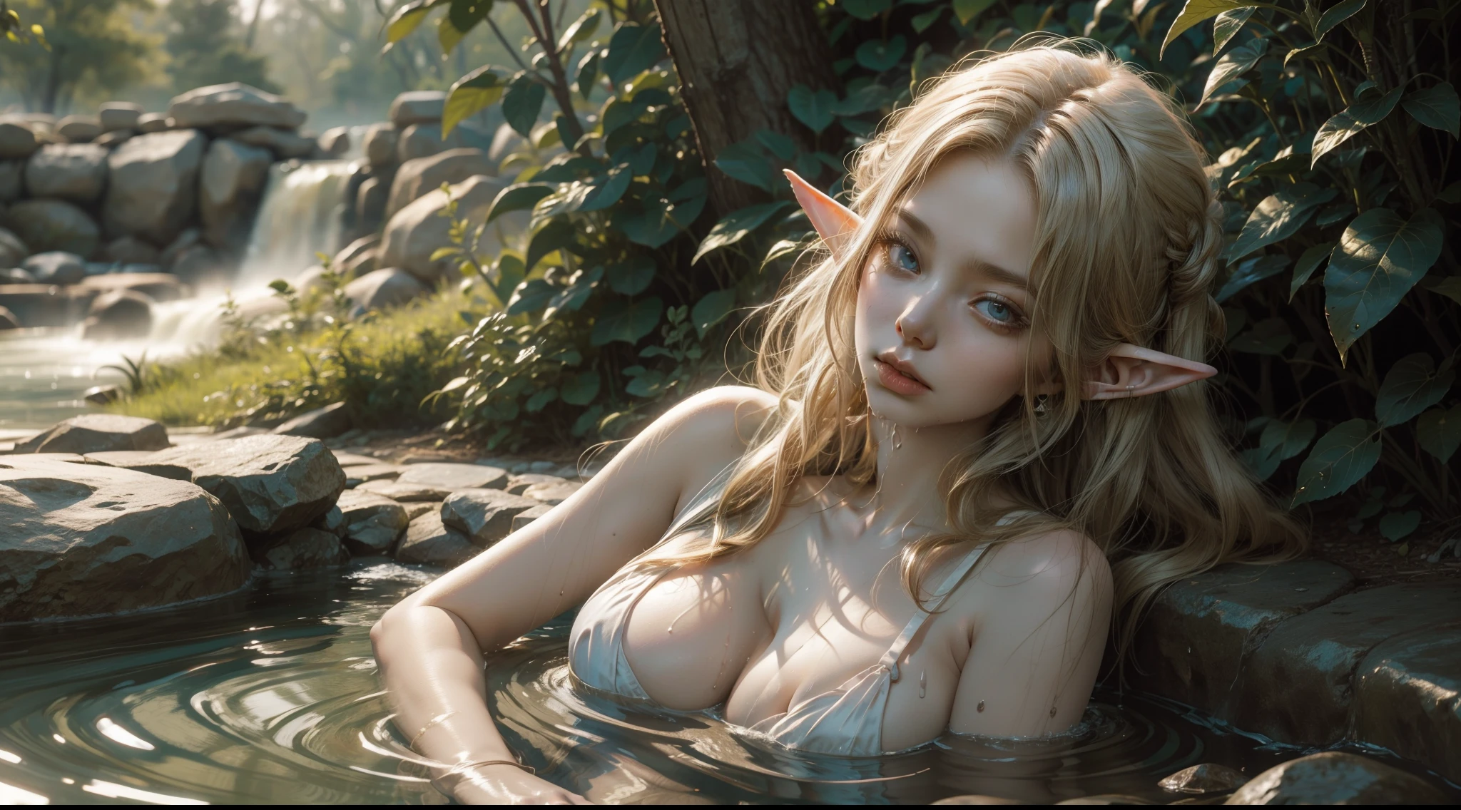 Female elf,Large breasts,Drenched hair,The background is a hot spring,Lazy expression