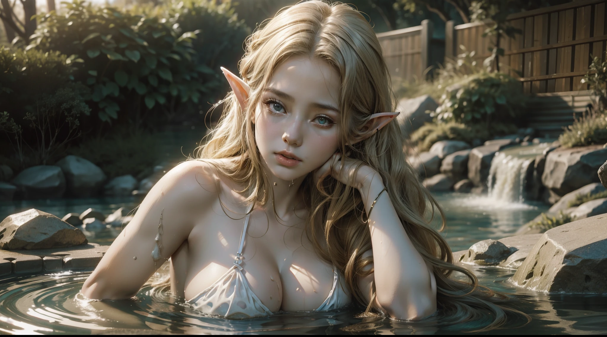 Female elf,Large breasts,Drenched hair,The background is a hot spring,Lazy expression